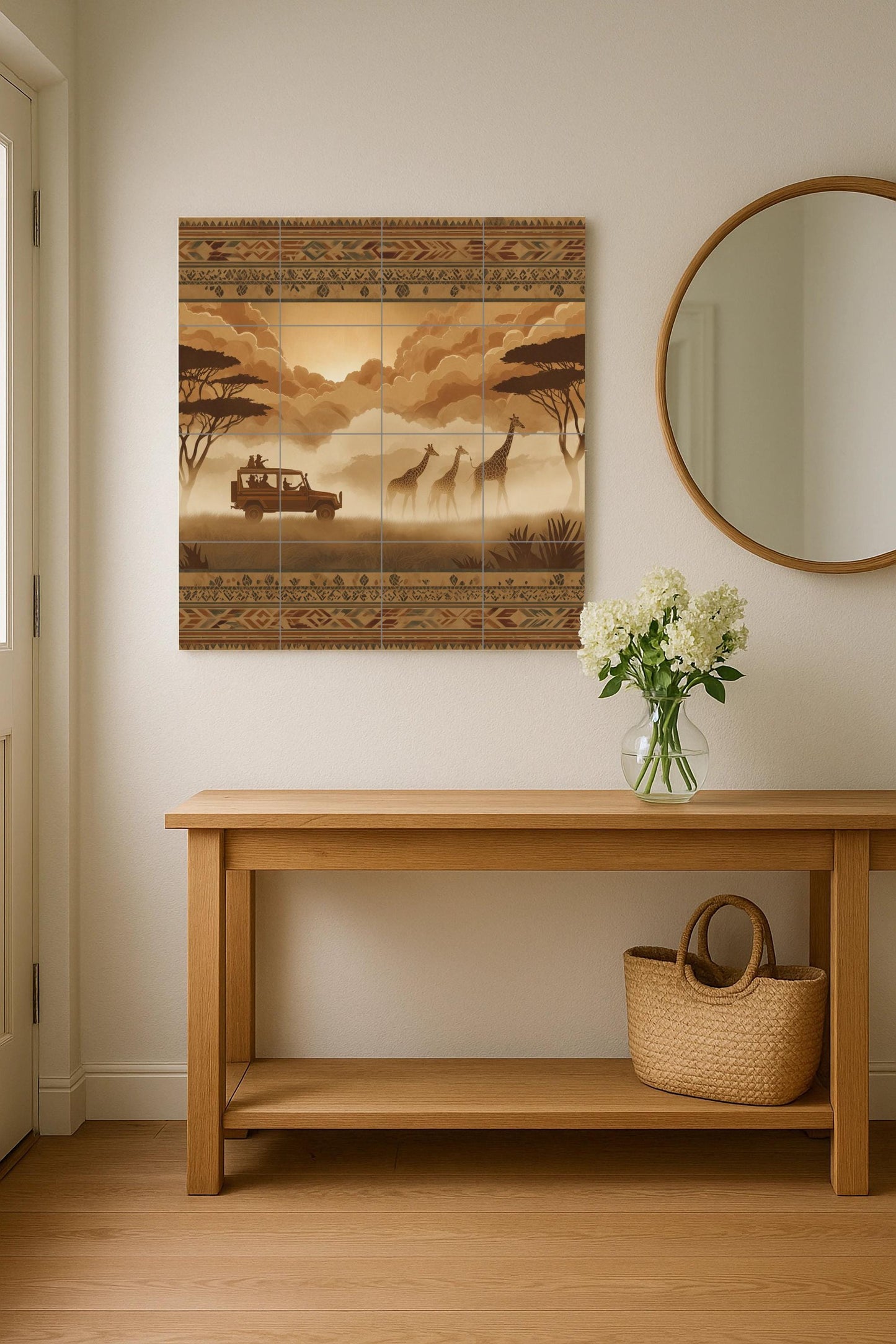 Ceramic mural of safari giraffes: border tribal wildlife panel, Serengeti scene in sepia, cultural mosaic for rustic or adventure decor.