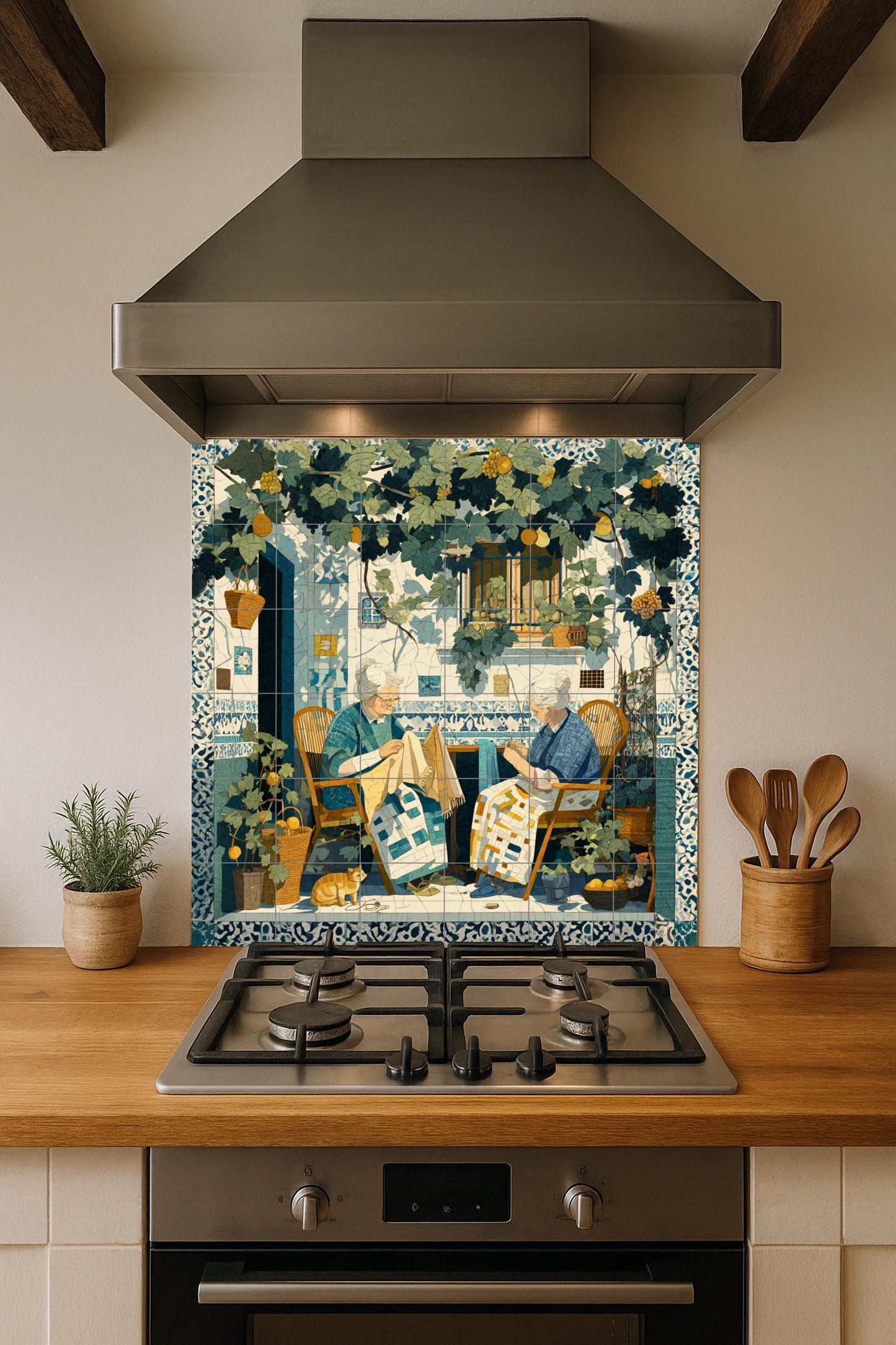 Sicilian patio tile mural: Mediterranean mosaic with women sewing under vines for kitchen, garden or rustic interior decoration.