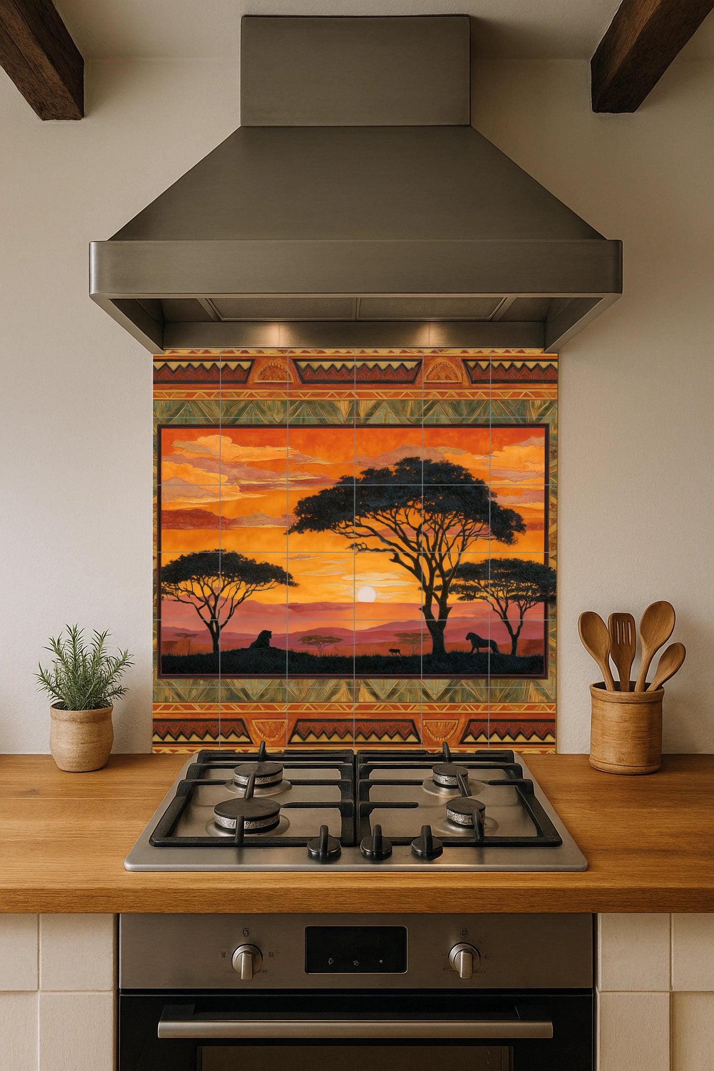 "Sunset in the Savannah" tile mural: African wildlife mosaic with lions and tribal border for kitchen, cabin or a warm interior detail.