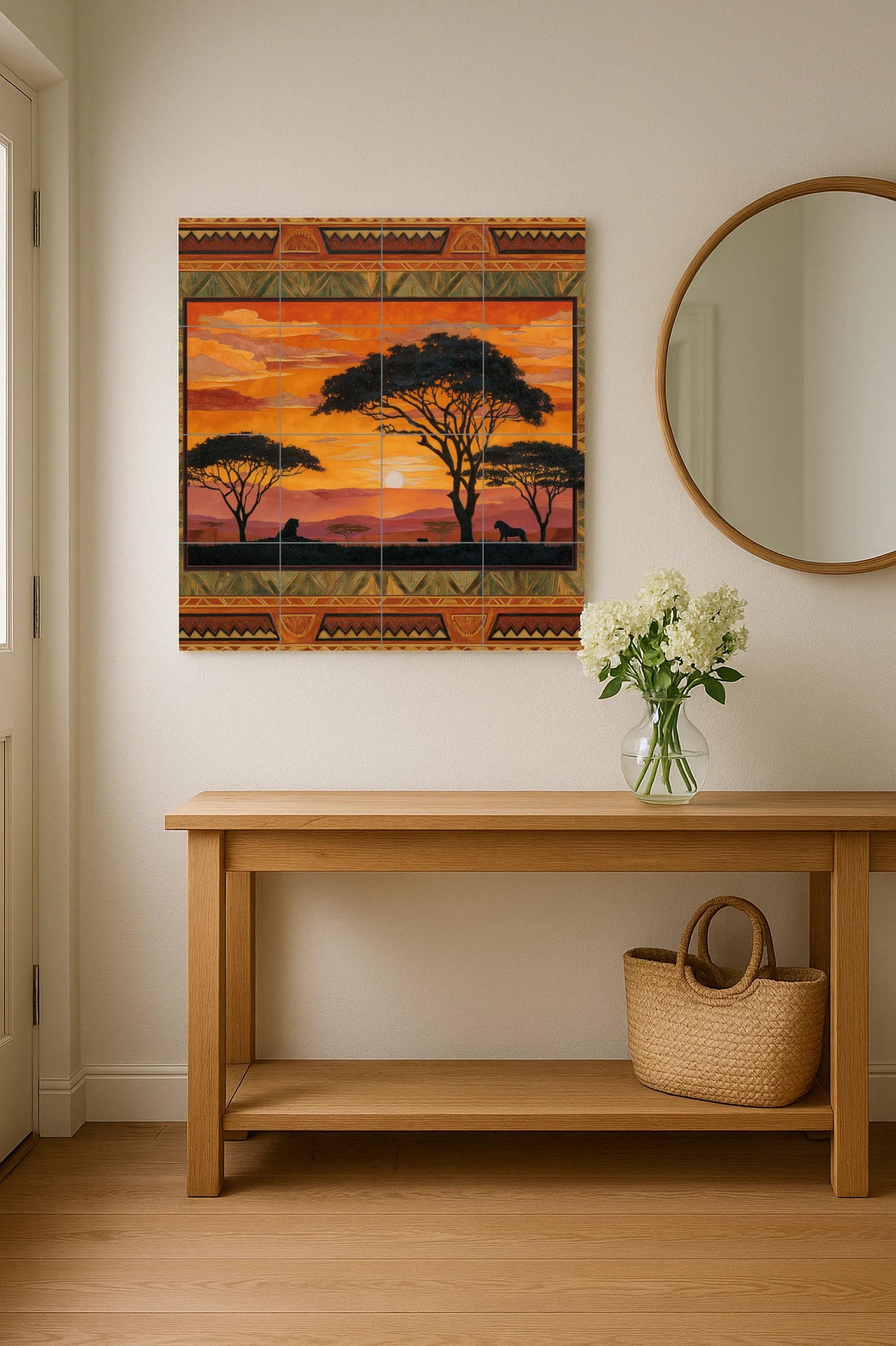 "Sunset in the Savannah" tile mural: African wildlife mosaic with lions and tribal border for kitchen, cabin or a warm interior detail.