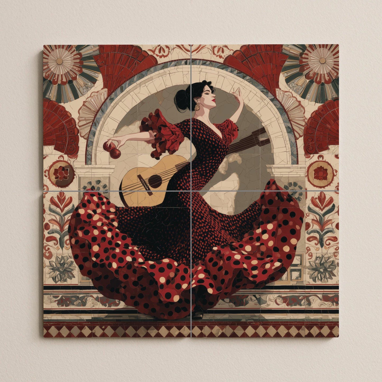 Flamenco dancer tile mural: Seville-inspired wall mosaic with Spanish dress and guitar for kitchen backsplash or cultural accent decor.
