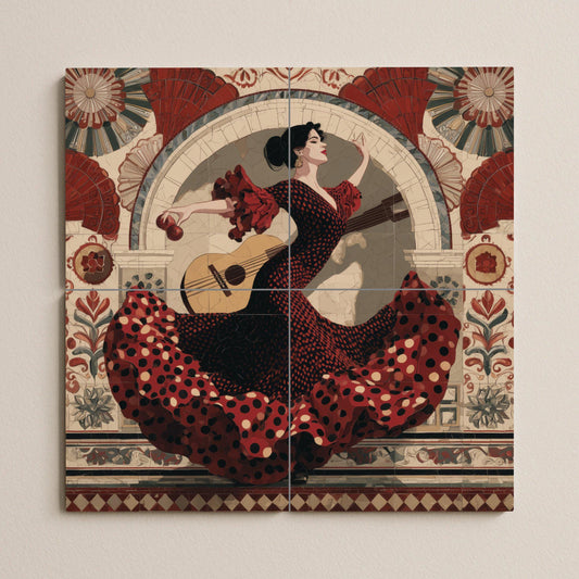 Flamenco dancer tile mural: Seville-inspired wall mosaic with Spanish dress and guitar for kitchen backsplash or cultural accent decor.