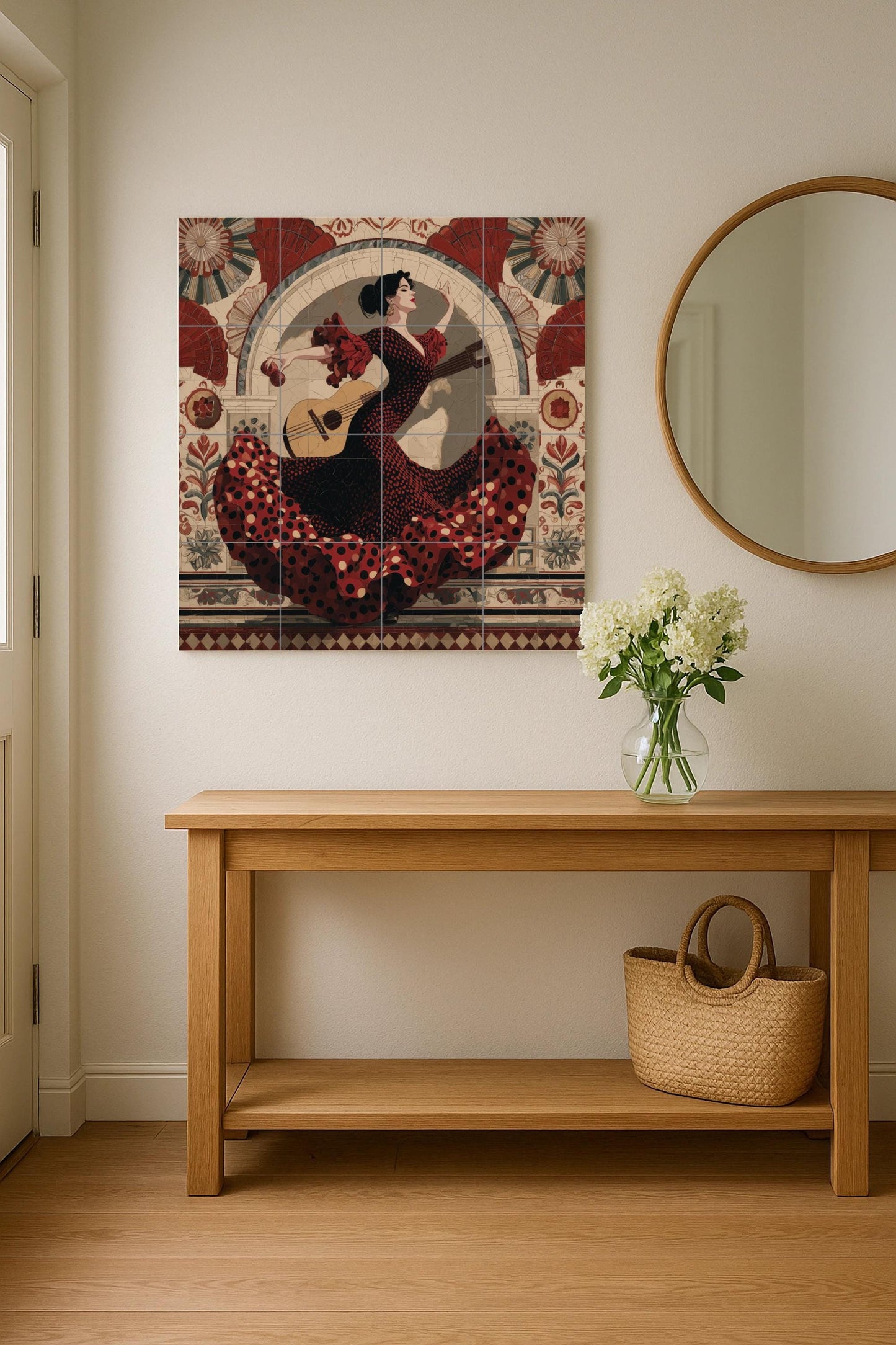 Flamenco dancer tile mural: Seville-inspired wall mosaic with Spanish dress and guitar for kitchen backsplash or cultural accent decor.