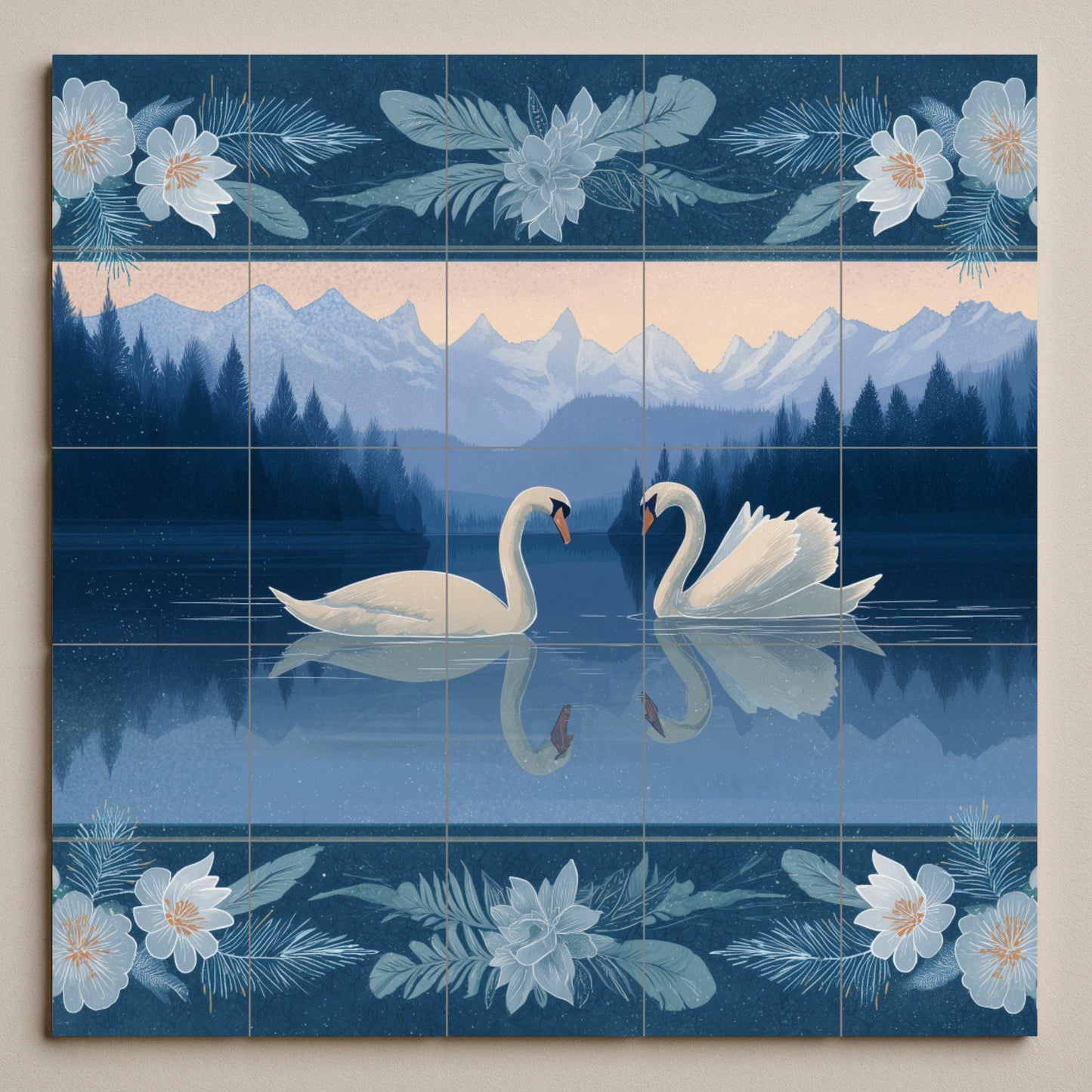 Alpine swan tile mural: Romantic lake mosaic with mountain landscape and floral frame for a serene decoration of bathroom, bedroom or kitchen.