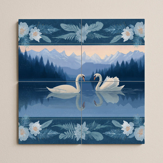 Alpine swan tile mural: Romantic lake mosaic with mountain landscape and floral frame for a serene decoration of bathroom, bedroom or kitchen.