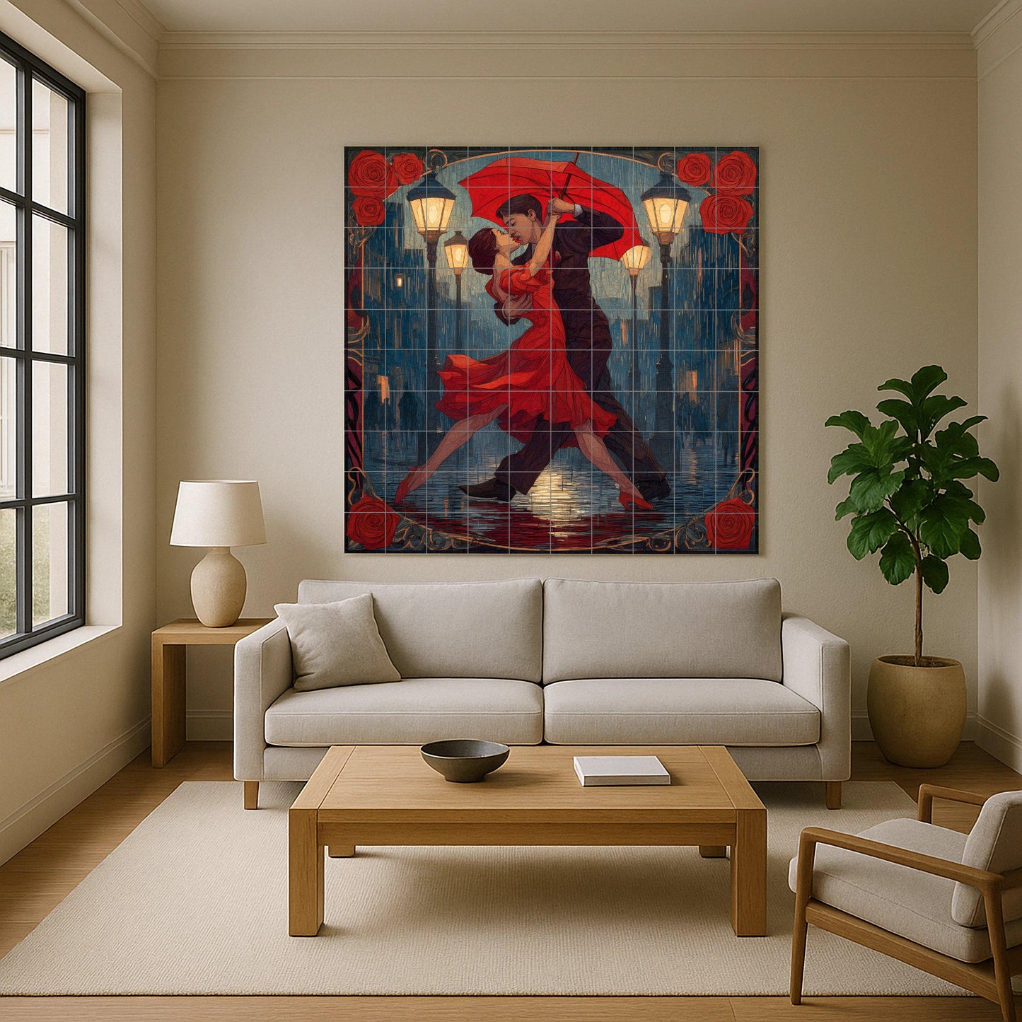 Tango Under the Rain Tile Mural: Argentine dance wall mosaic with passion for Buenos Aires for decorating the kitchen, gallery or romantic entrance.