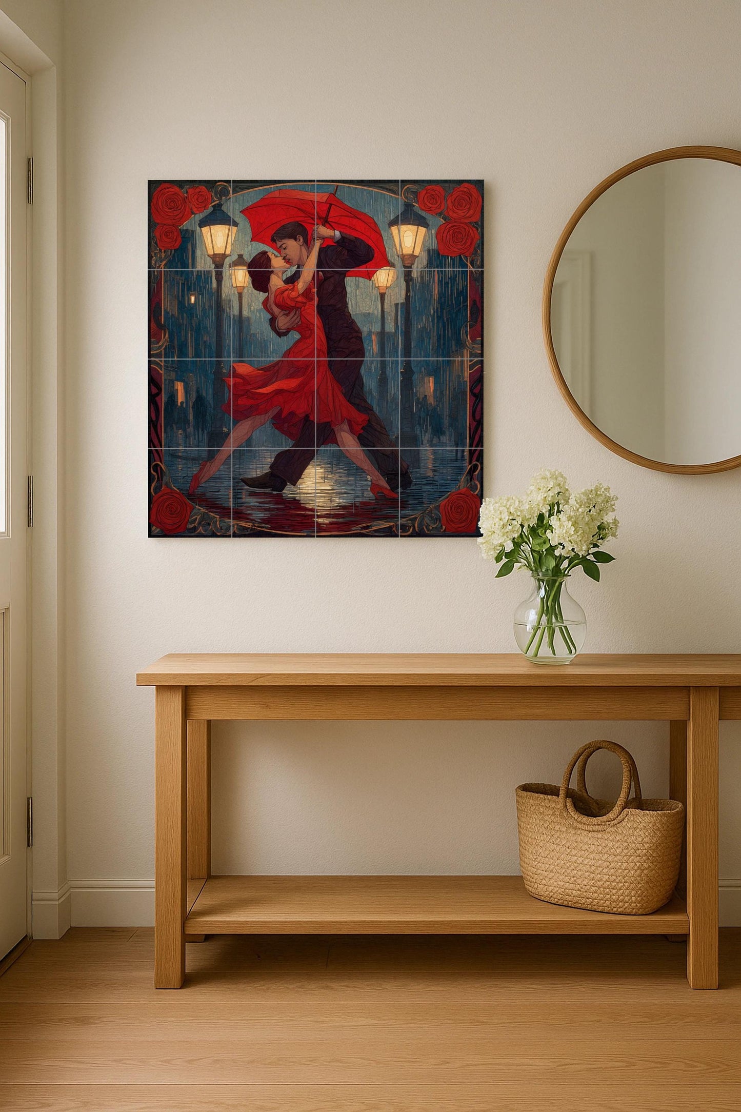 Tango Under the Rain Tile Mural: Argentine dance wall mosaic with passion for Buenos Aires for decorating the kitchen, gallery or romantic entrance.