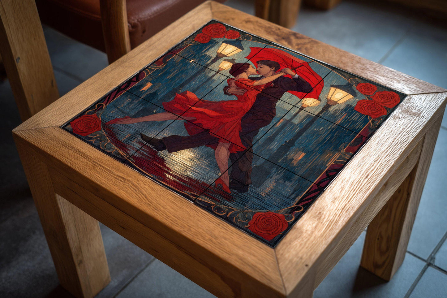 Tango Under the Rain Tile Mural: Argentine dance wall mosaic with passion for Buenos Aires for decorating the kitchen, gallery or romantic entrance.