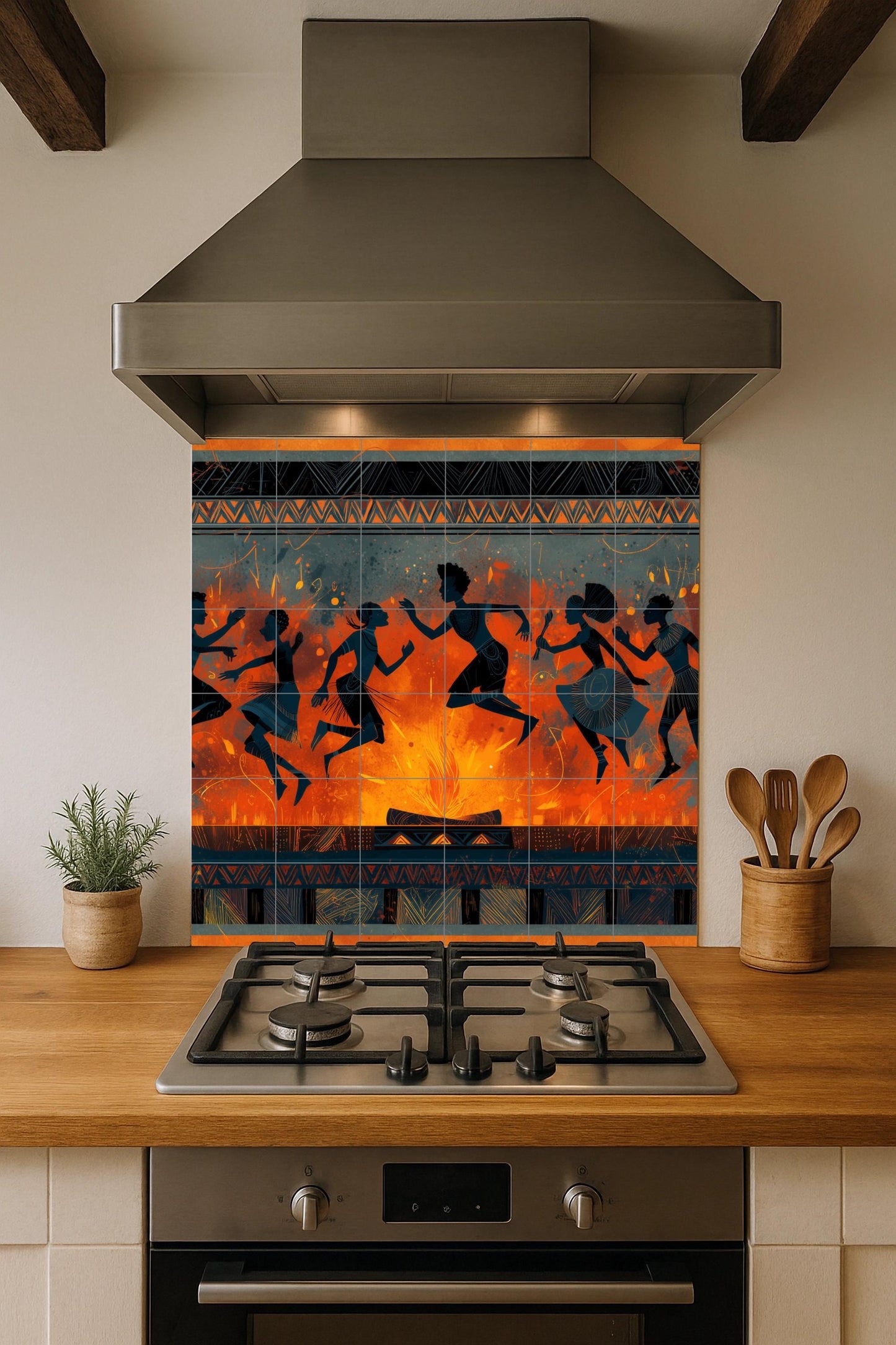 Tribal dance tile mural: rhythmic mosaic by firelight with African silhouettes and patterns for cultural backsplashes or expressive wall decor.