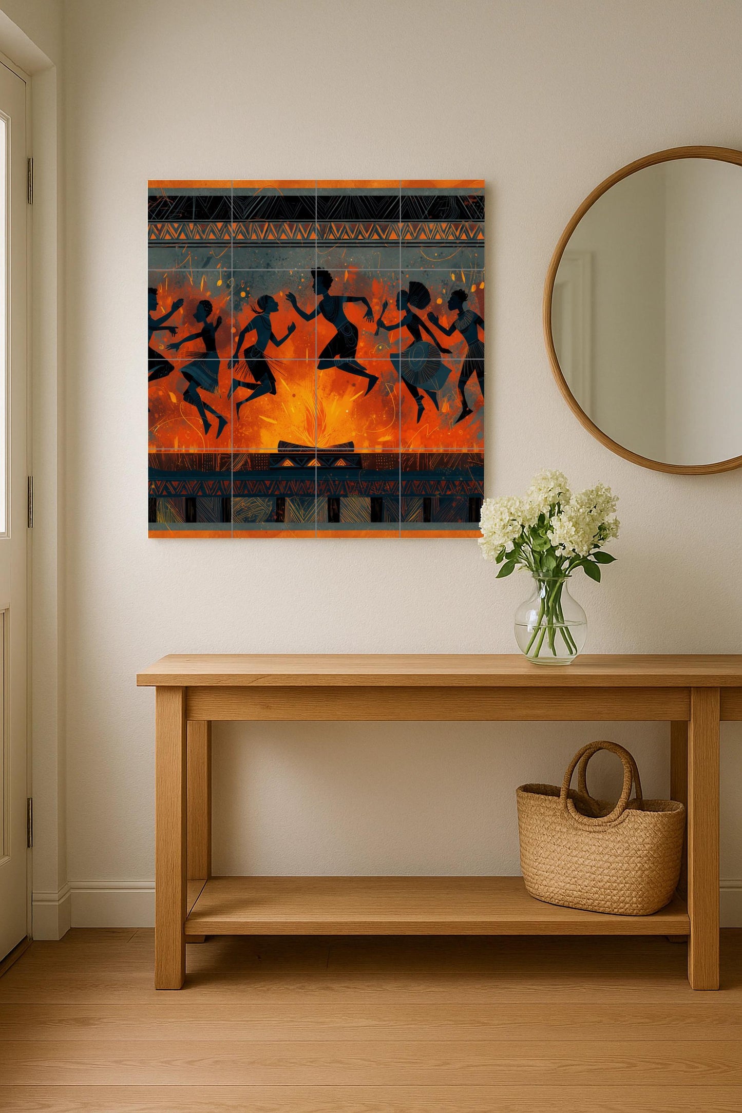 Tribal dance tile mural: rhythmic mosaic by firelight with African silhouettes and patterns for cultural backsplashes or expressive wall decor.