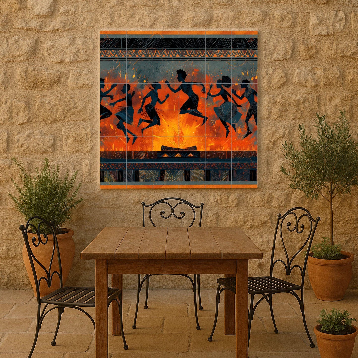 Tribal dance tile mural: rhythmic mosaic by firelight with African silhouettes and patterns for cultural backsplashes or expressive wall decor.