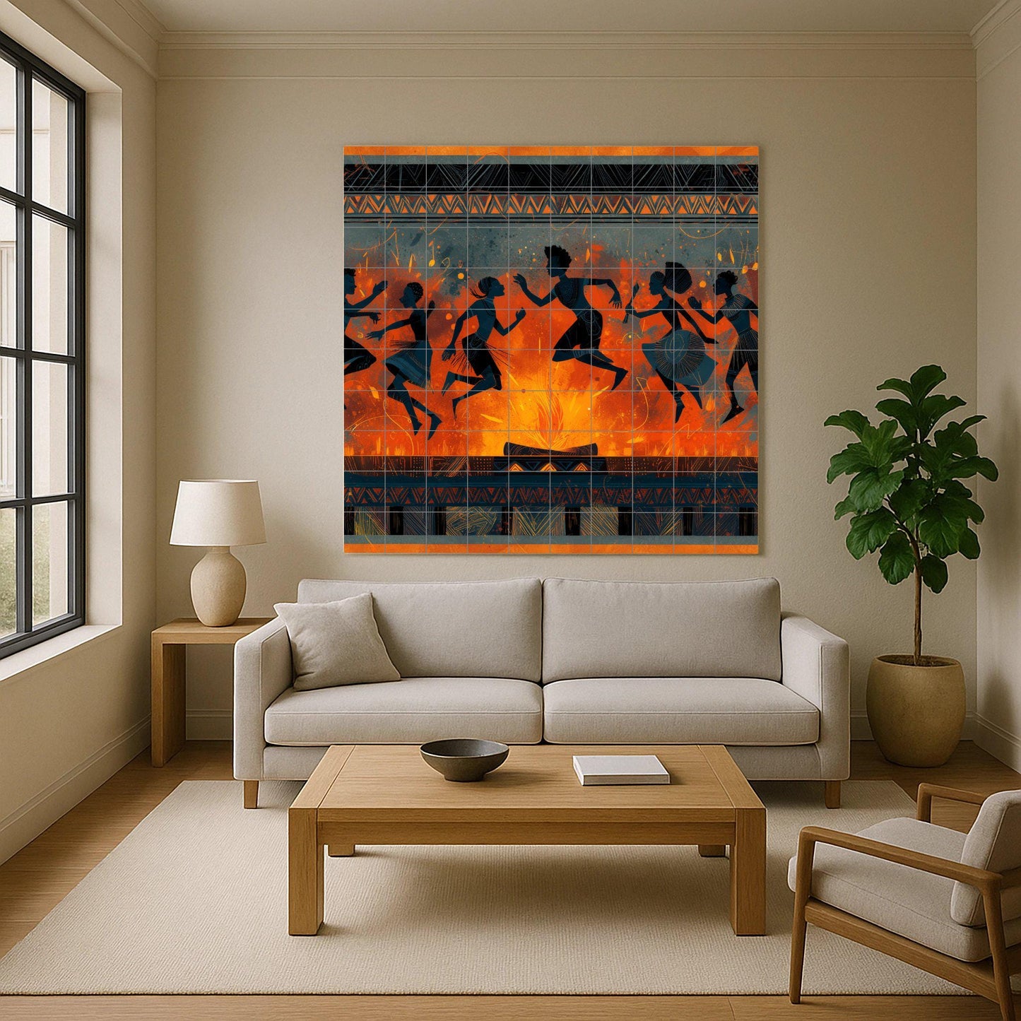 Tribal dance tile mural: rhythmic mosaic by firelight with African silhouettes and patterns for cultural backsplashes or expressive wall decor.