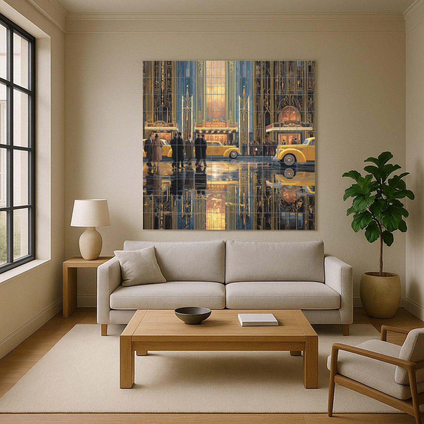 New York Art Deco Tile Mural: Golden Age cityscape mosaic with theater lights and yellow taxis for kitchen backsplash and vintage hallway decor.