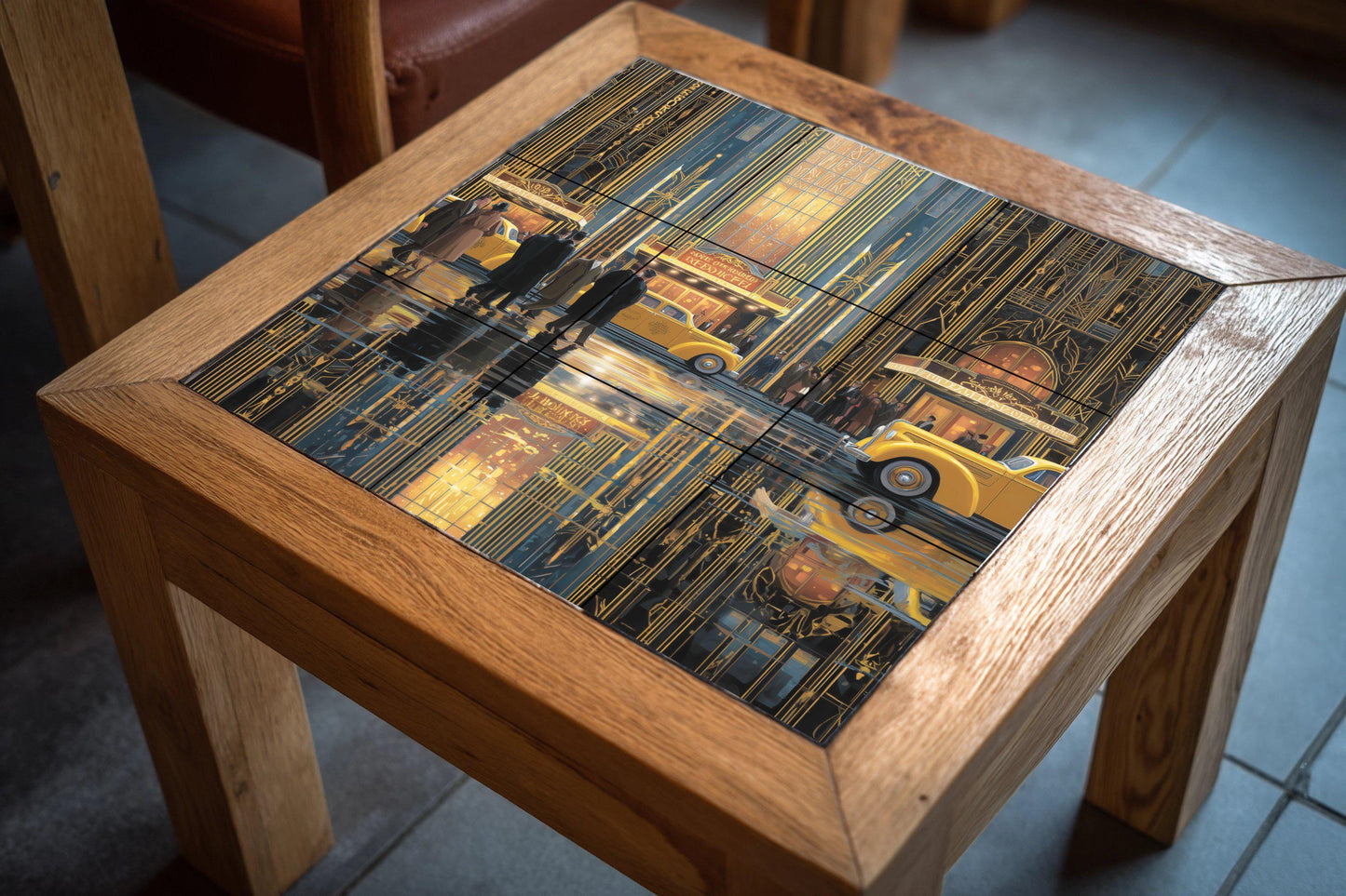New York Art Deco Tile Mural: Golden Age cityscape mosaic with theater lights and yellow taxis for kitchen backsplash and vintage hallway decor.