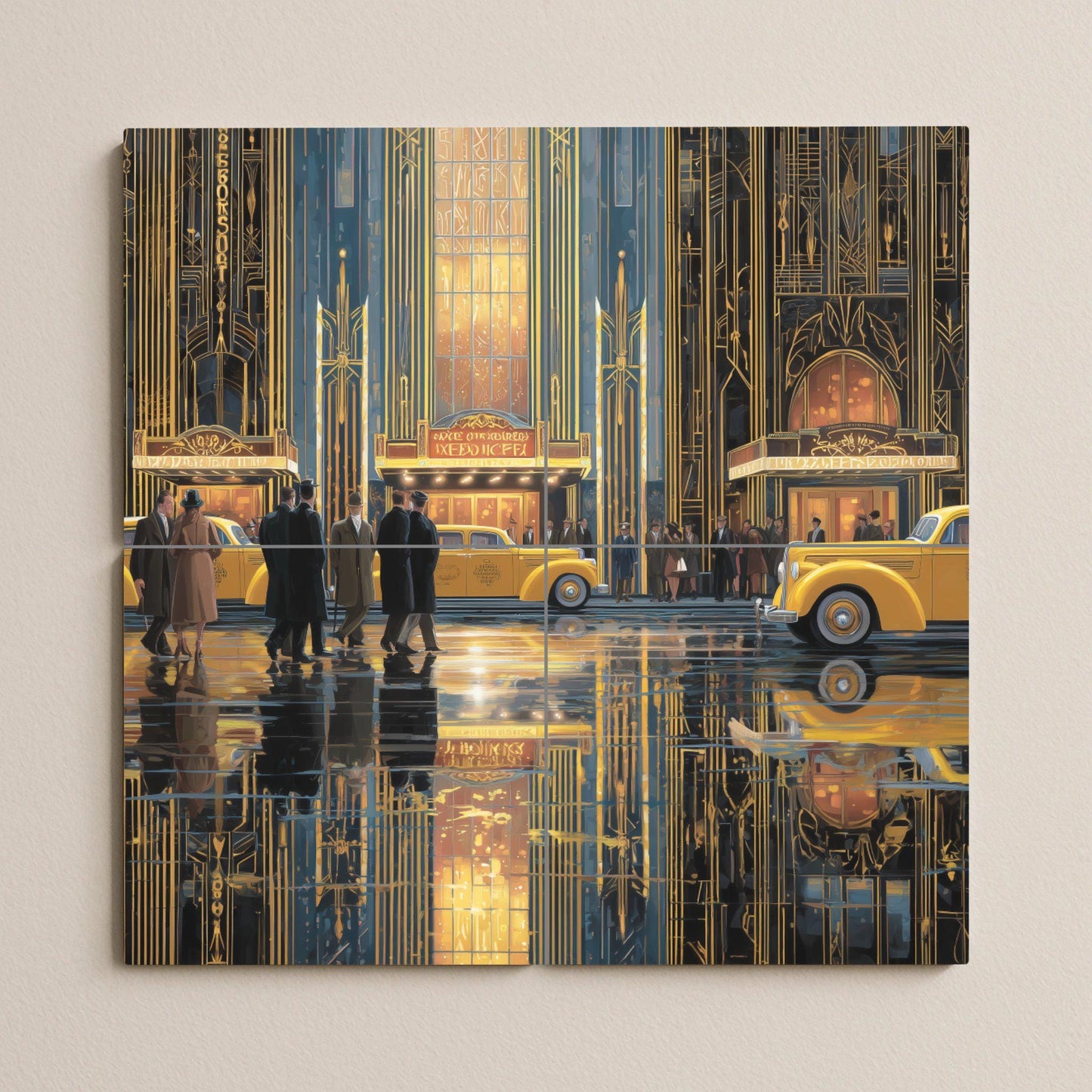 New York Art Deco Tile Mural: Golden Age cityscape mosaic with theater lights and yellow taxis for kitchen backsplash and vintage hallway decor.