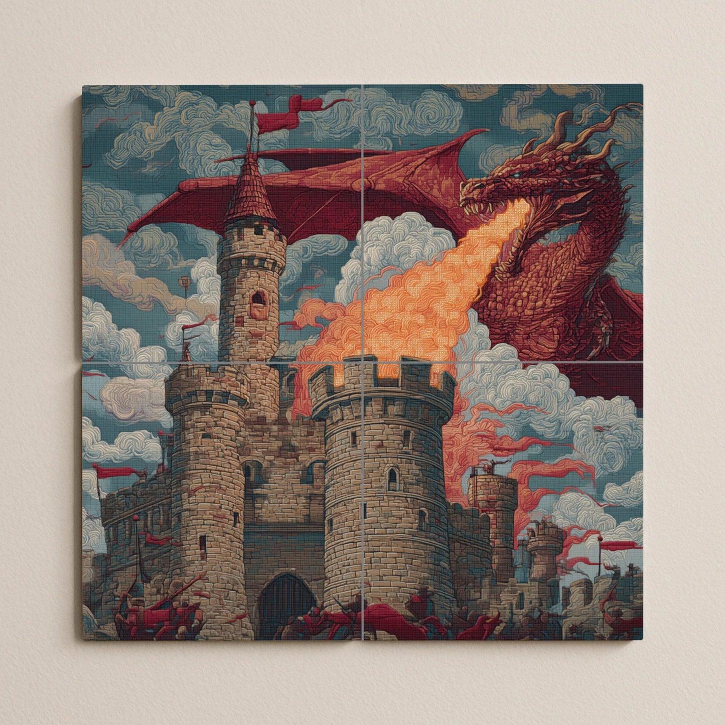 Dragon Siege Tile Mural: Fantasy Castle Wall Mosaic with Fire-Breathing Beast for Medieval Kitchen Backsplash or Epic Hallway Decor.