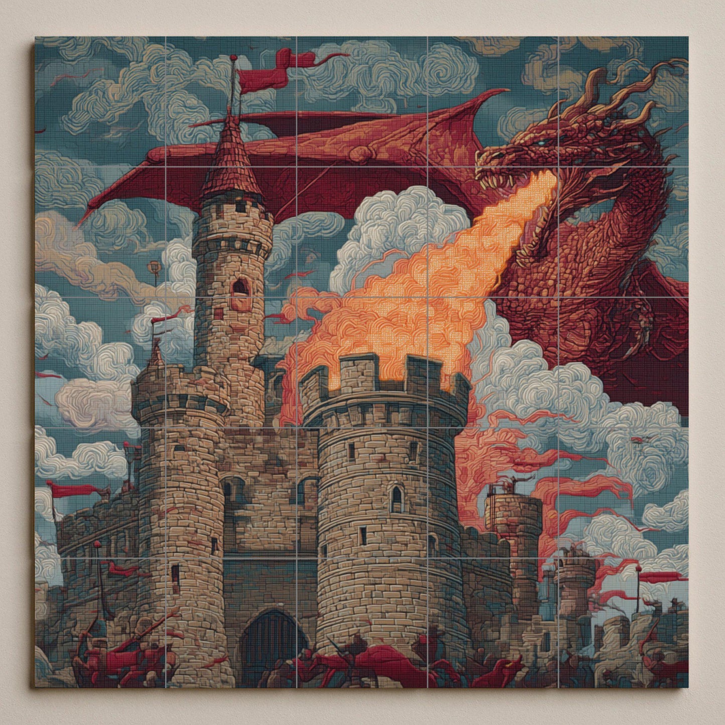 Dragon Siege Tile Mural: Fantasy Castle Wall Mosaic with Fire-Breathing Beast for Medieval Kitchen Backsplash or Epic Hallway Decor.
