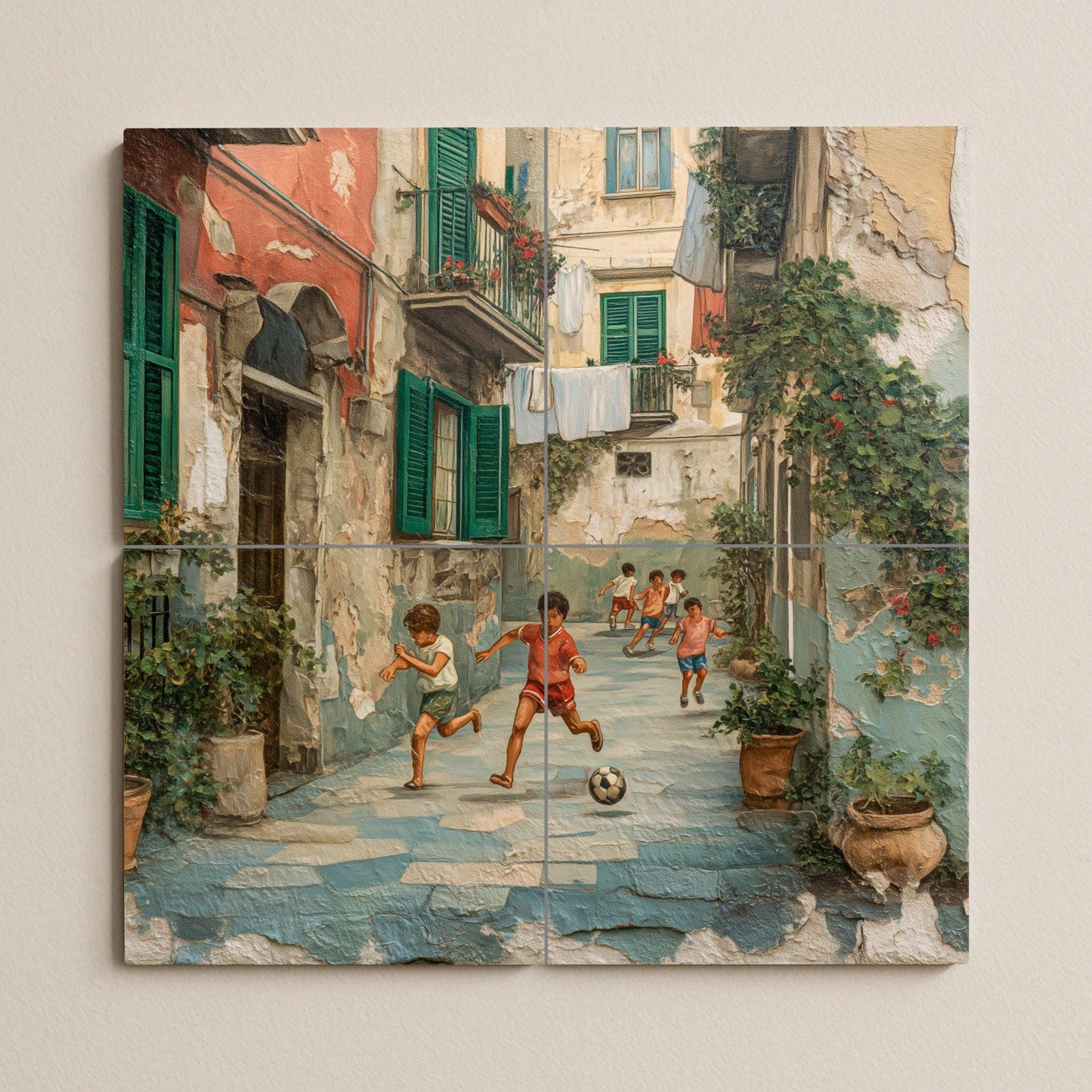 Neapolitan patio tile mural: Nostalgic ceramic mosaic of children playing football in southern Italy for kitchen, patio and urban entrance.