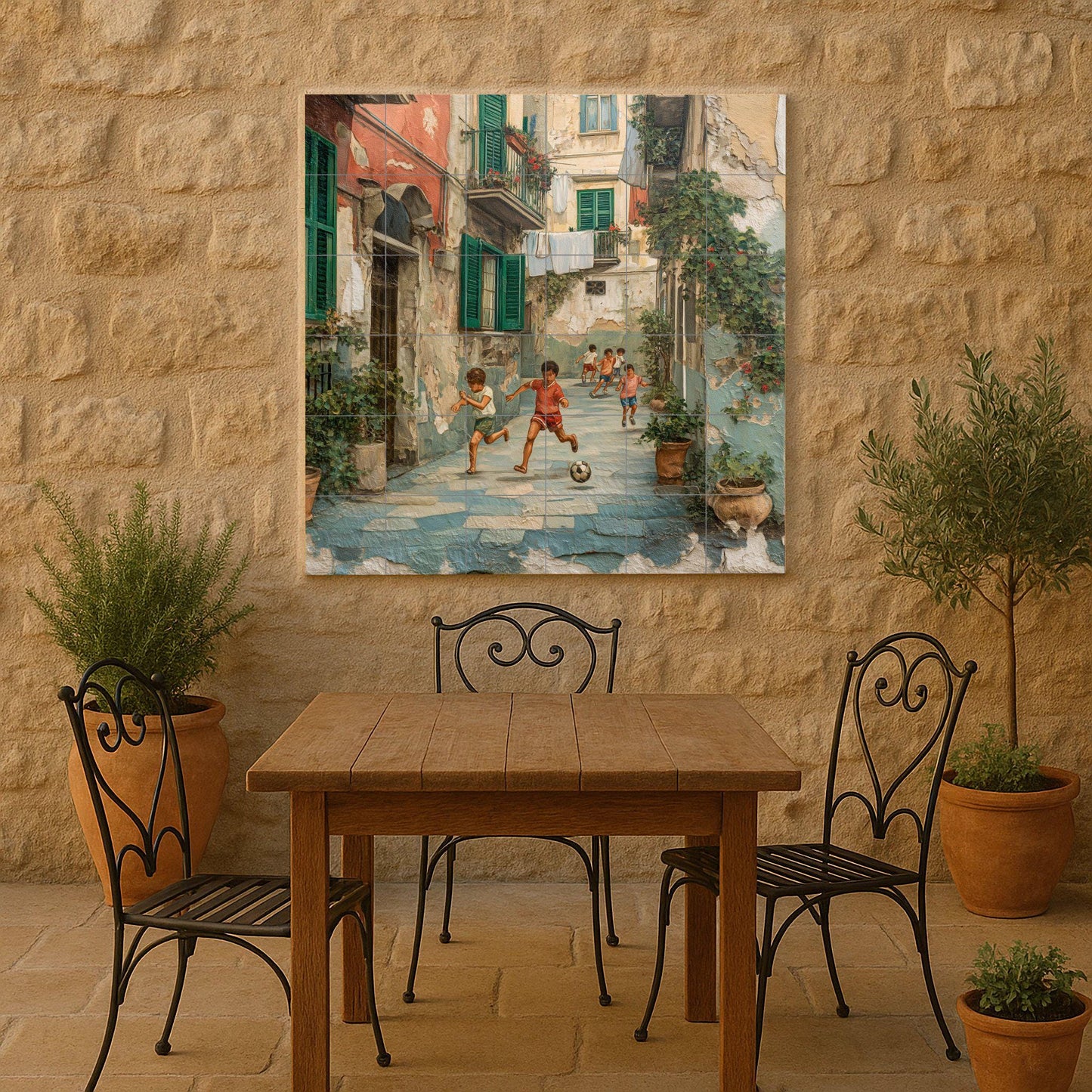 Neapolitan patio tile mural: Nostalgic ceramic mosaic of children playing football in southern Italy for kitchen, patio and urban entrance.