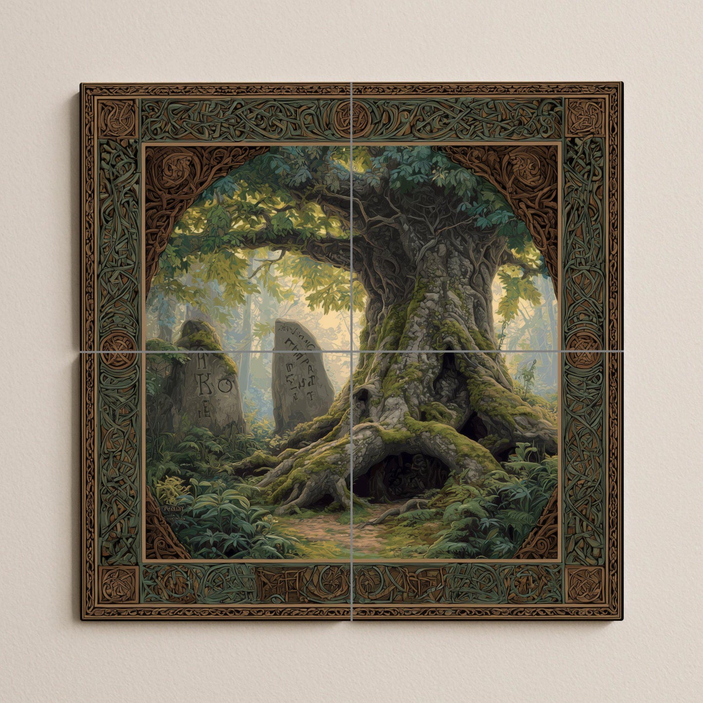 Ancient Tree of Runes tile mural: Mythical forest ceramic mosaic with sacred oak and Celtic border to decorate hallways, homes or forests.