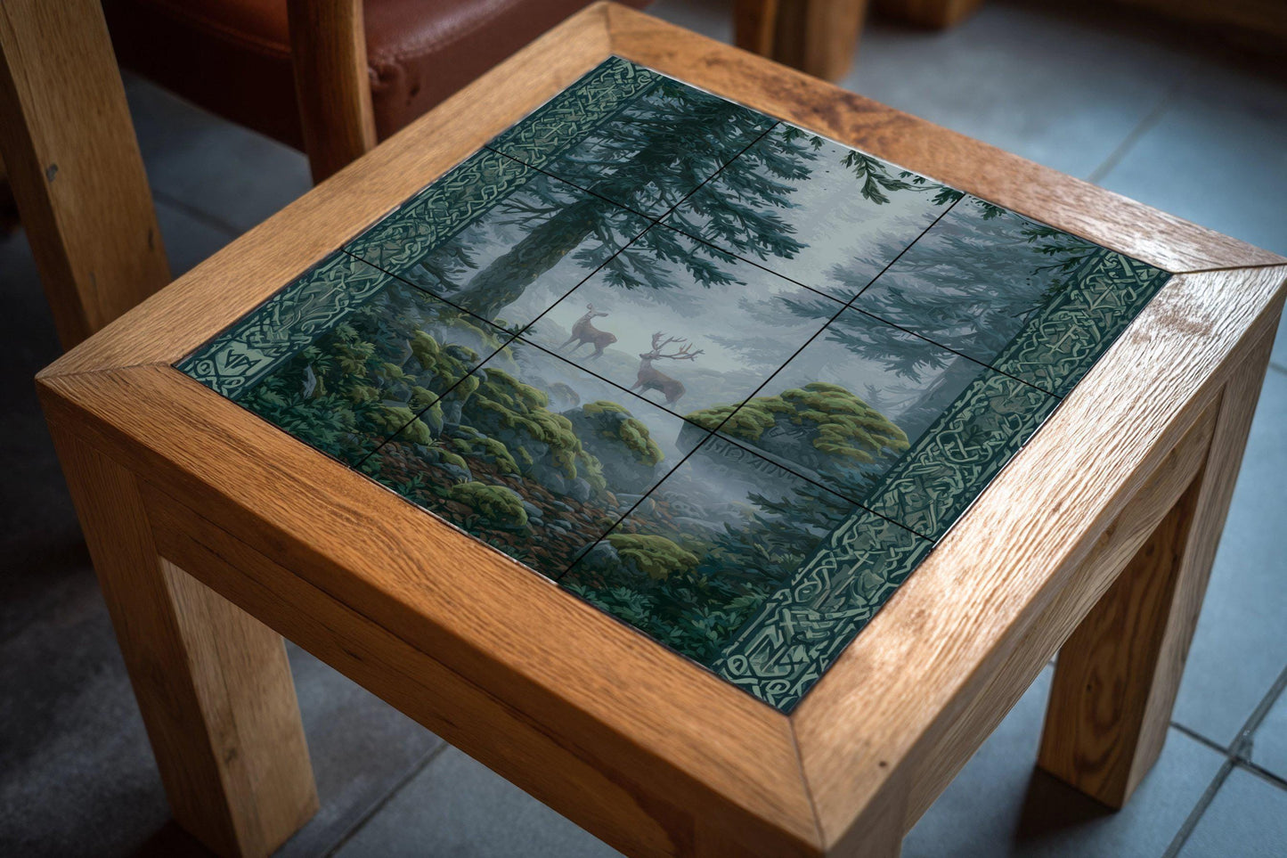 Nordic Forest Tile Mural: Mystic ceramic mosaic with deer and runes for nature-inspired kitchen backsplashes or forest decor.