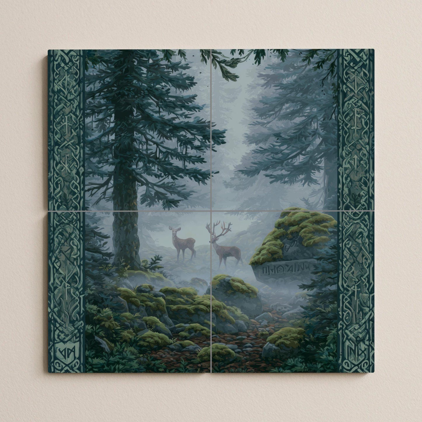 Nordic Forest Tile Mural: Mystic ceramic mosaic with deer and runes for nature-inspired kitchen backsplashes or forest decor.