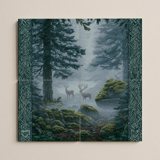Nordic Forest Tile Mural: Mystic ceramic mosaic with deer and runes for nature-inspired kitchen backsplashes or forest decor.