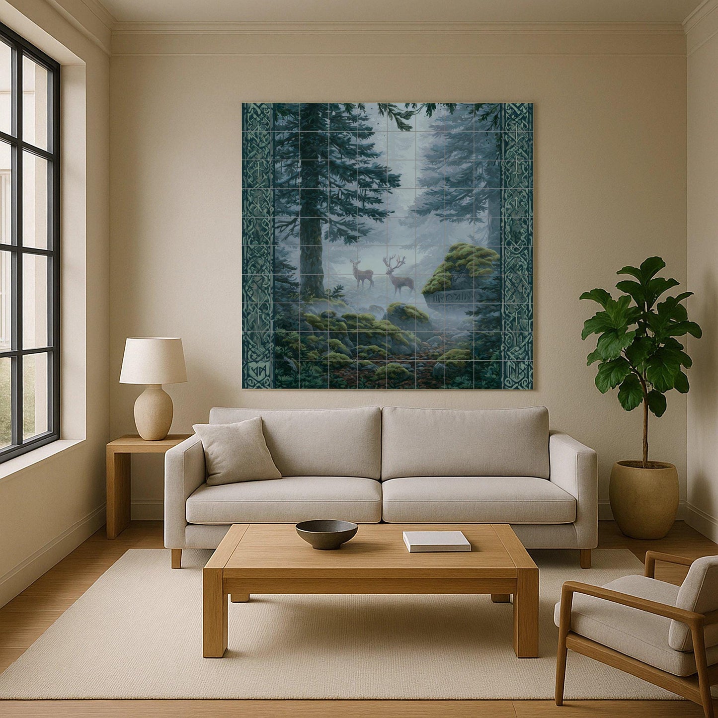 Nordic Forest Tile Mural: Mystic ceramic mosaic with deer and runes for nature-inspired kitchen backsplashes or forest decor.