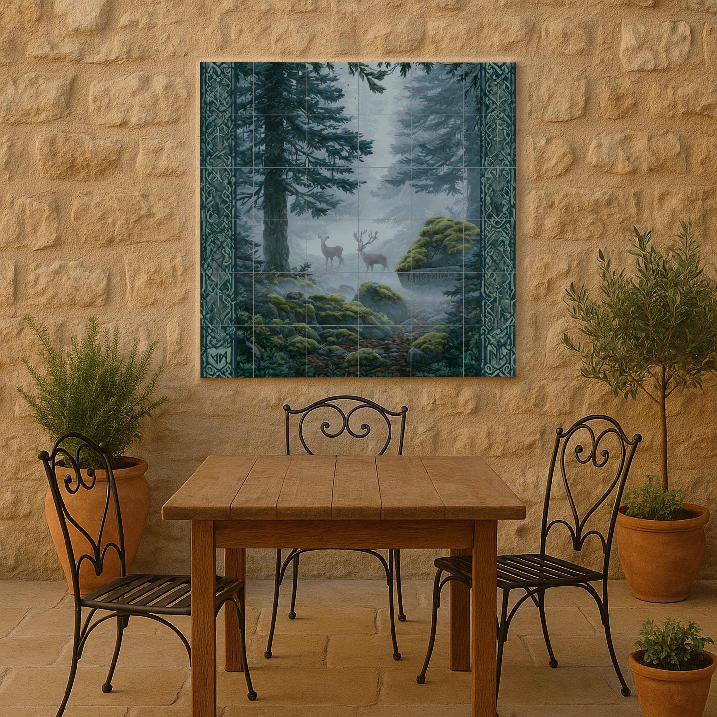 Nordic Forest Tile Mural: Mystic ceramic mosaic with deer and runes for nature-inspired kitchen backsplashes or forest decor.