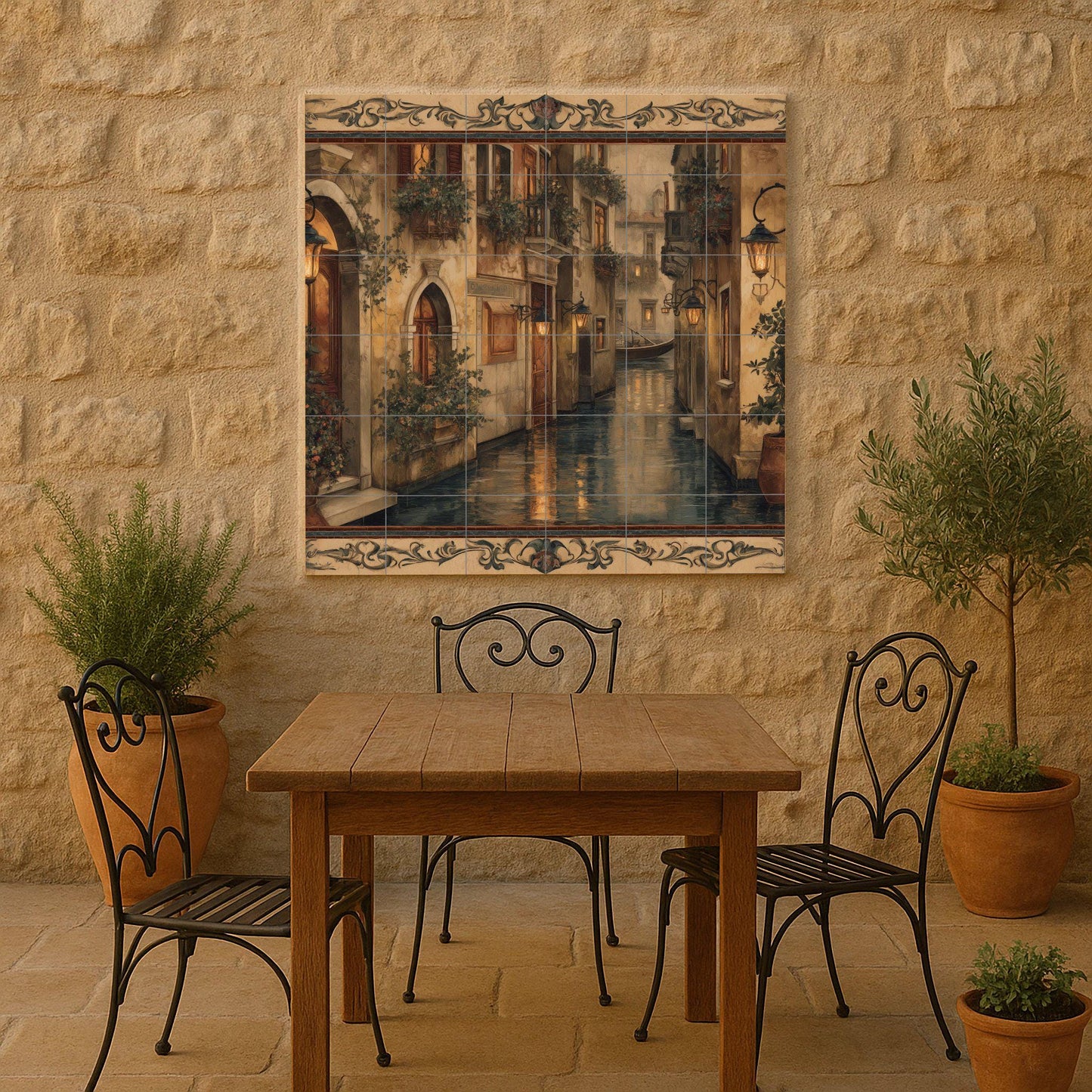 Venetian canal tile mural: Romantic Italian canal ceramic wall mosaic for kitchen backsplash or elegant entrance detail.