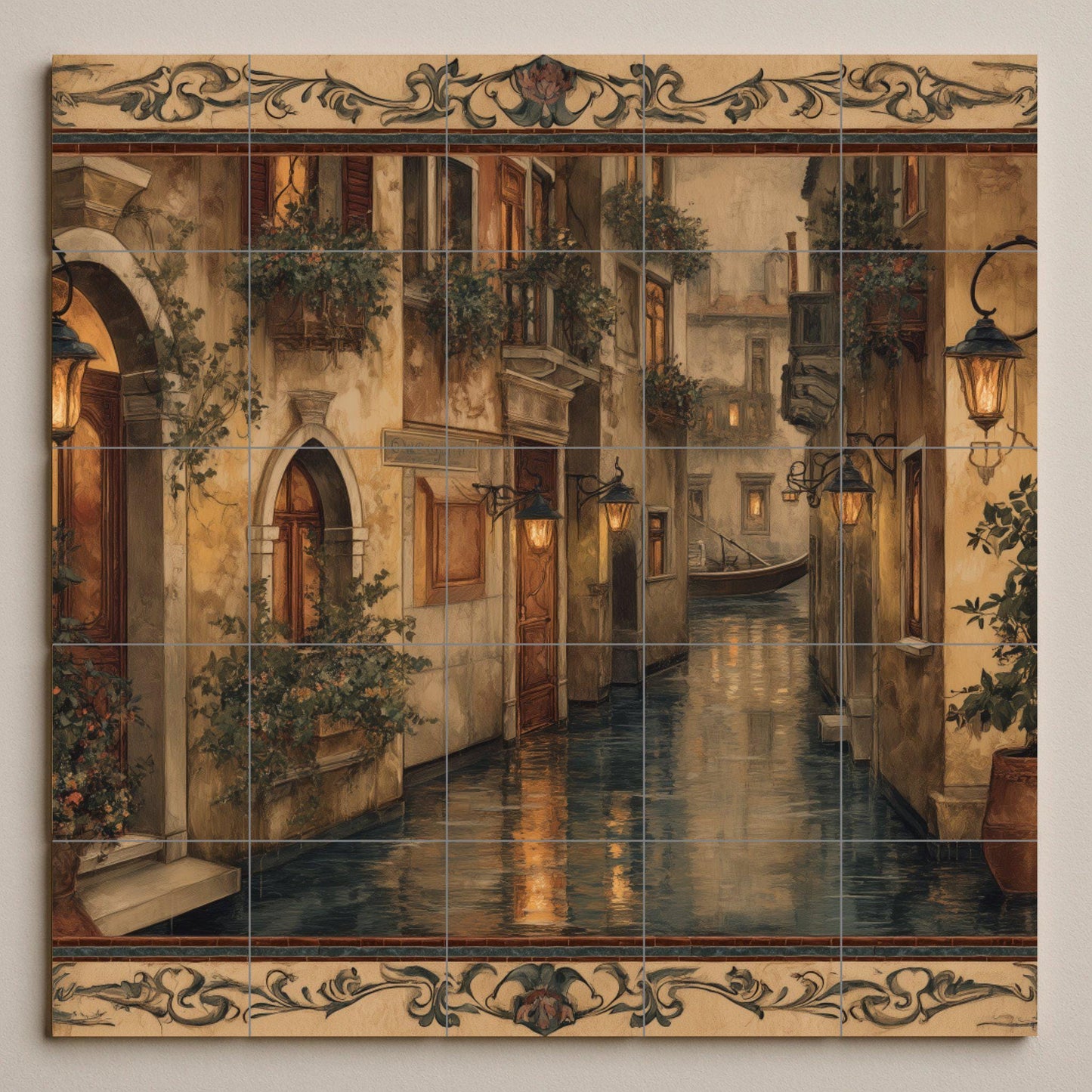 Venetian canal tile mural: Romantic Italian canal ceramic wall mosaic for kitchen backsplash or elegant entrance detail.