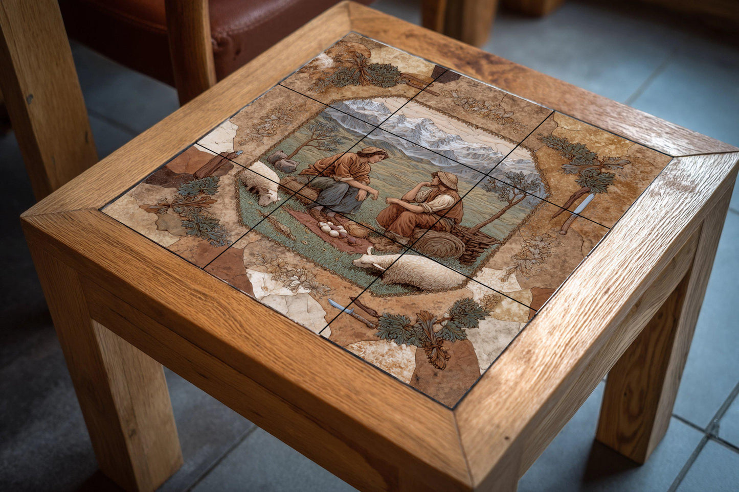 Alpine shepherd tile mural: ceramic wall mosaic with mountain scene for rustic kitchen backsplash or country entrance decor.