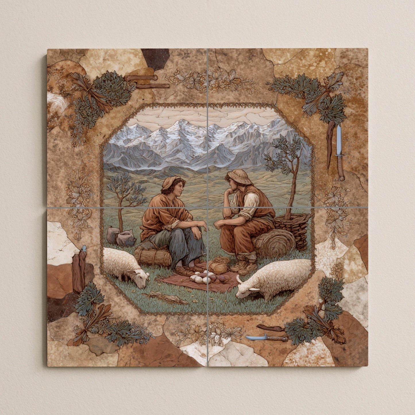 Alpine shepherd tile mural: ceramic wall mosaic with mountain scene for rustic kitchen backsplash or country entrance decor.
