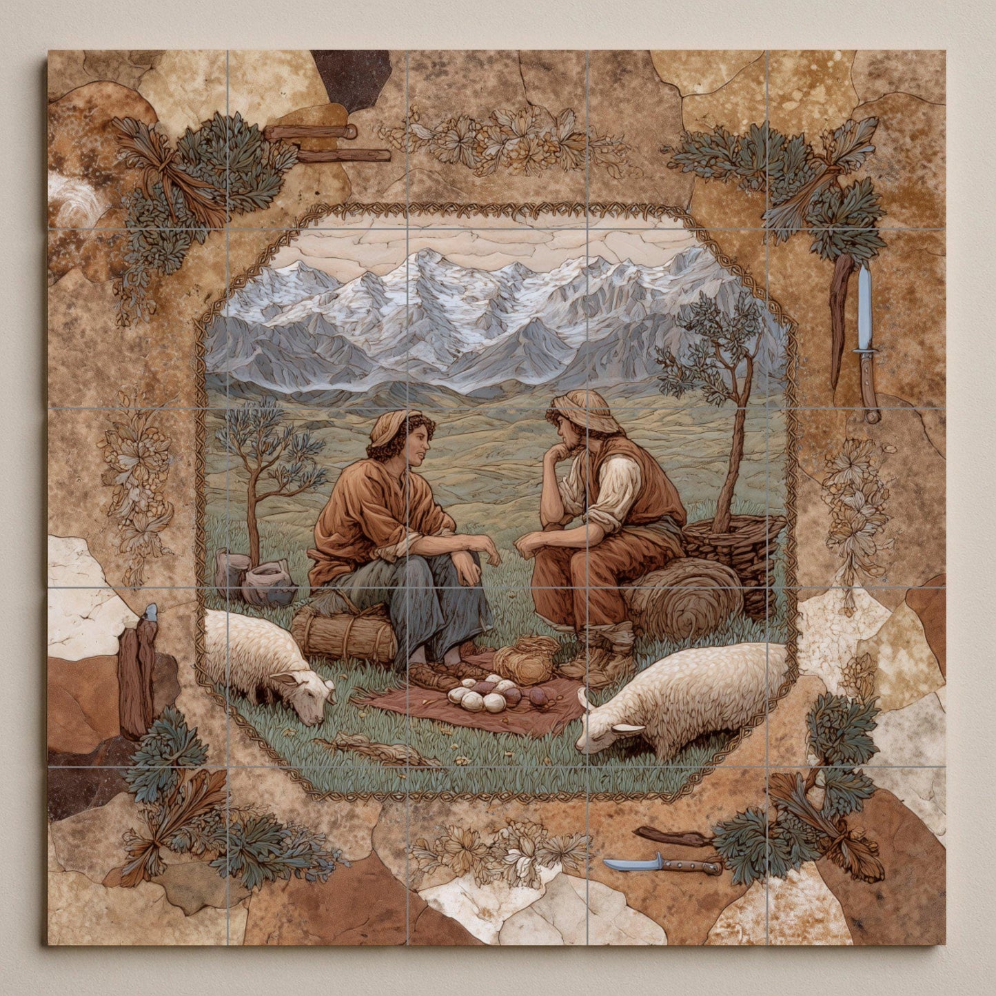 Alpine shepherd tile mural: ceramic wall mosaic with mountain scene for rustic kitchen backsplash or country entrance decor.
