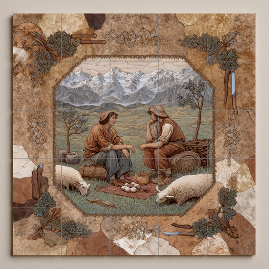 Alpine shepherd tile mural: ceramic wall mosaic with mountain scene for rustic kitchen backsplash or country entrance decor.