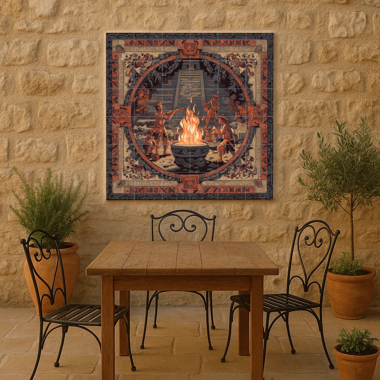Mayan Fire Ceremony tile mural: ancient wall mosaic with temple and ritual dance for cultural kitchen backsplash or a dramatic foyer accent.