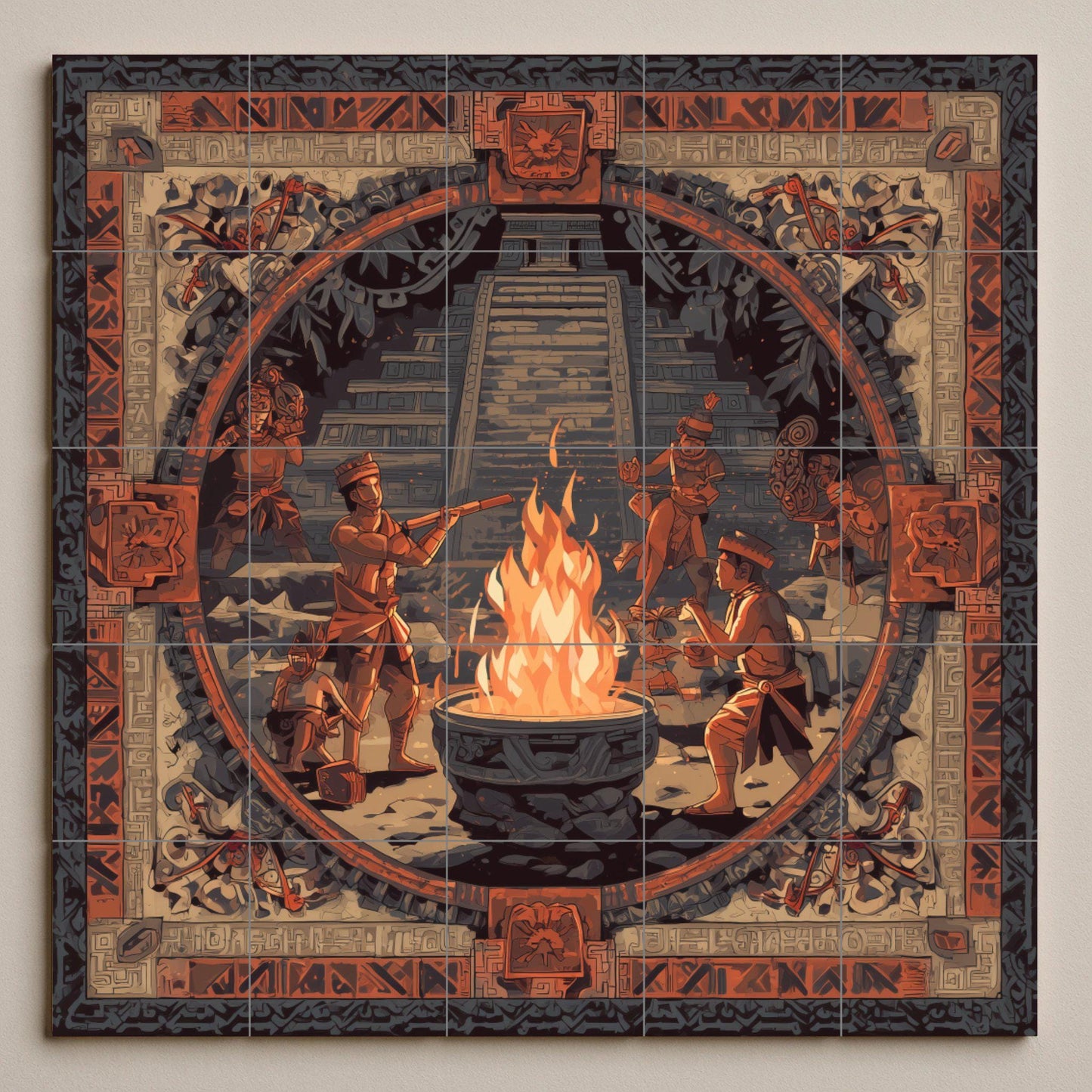 Mayan Fire Ceremony tile mural: ancient wall mosaic with temple and ritual dance for cultural kitchen backsplash or a dramatic foyer accent.