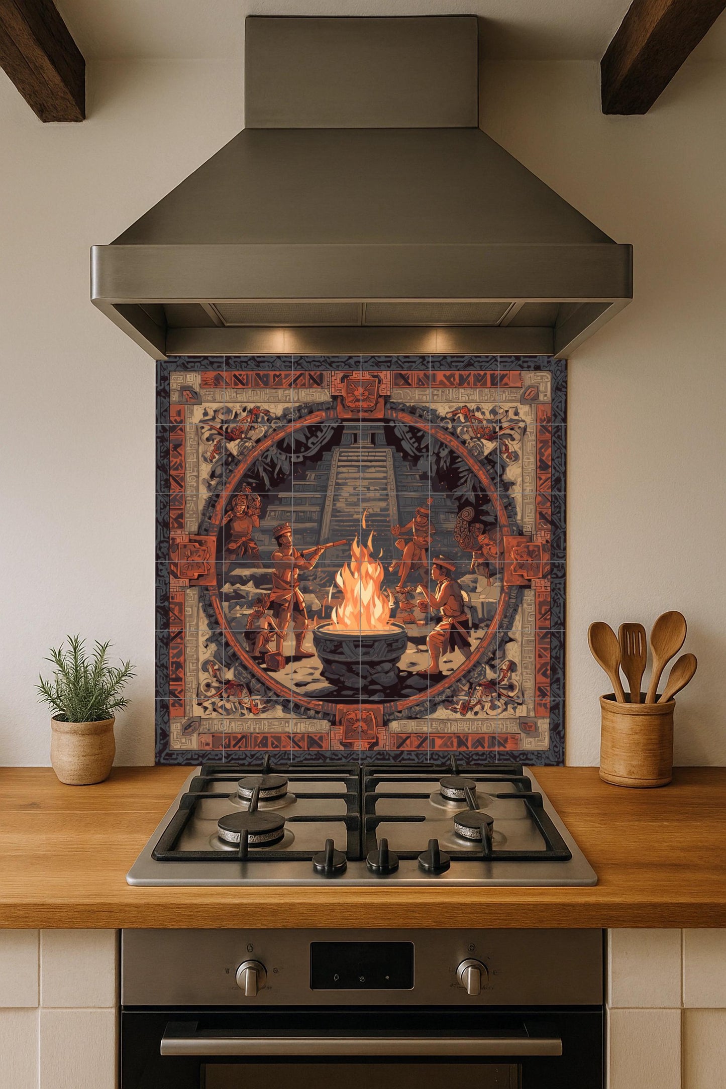 Mayan Fire Ceremony tile mural: ancient wall mosaic with temple and ritual dance for cultural kitchen backsplash or a dramatic foyer accent.