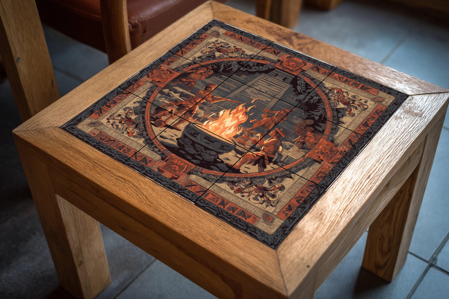 Mayan Fire Ceremony tile mural: ancient wall mosaic with temple and ritual dance for cultural kitchen backsplash or a dramatic foyer accent.