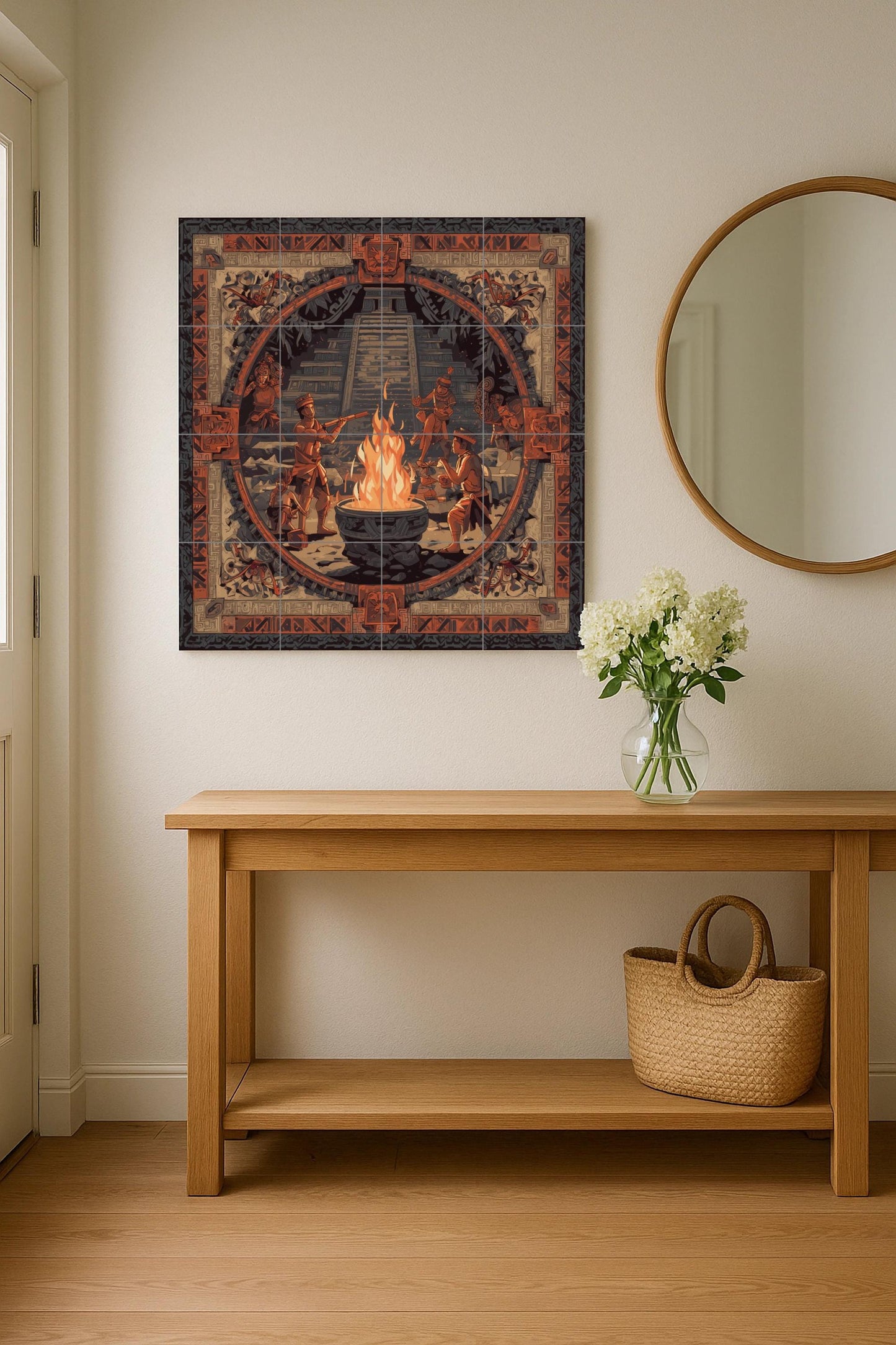 Mayan Fire Ceremony tile mural: ancient wall mosaic with temple and ritual dance for cultural kitchen backsplash or a dramatic foyer accent.