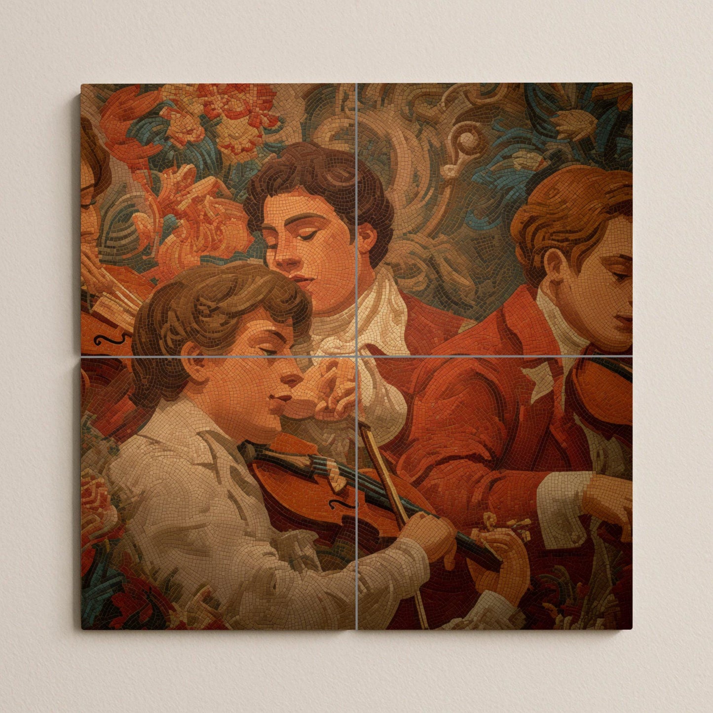 Budapest Gypsy Musicians Tile Mural: Classic Ceramic Wall Art with Romantic Strings for Kitchen Backsplash or Music Room Decor.