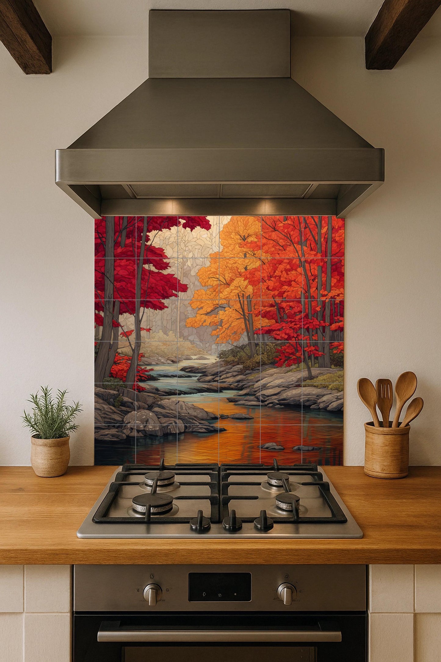 Autumn River Tile Mural: Ceramic mosaic with forest landscape and Canadian autumn colors for kitchen backsplash or rustic entrance.