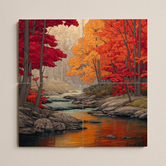 Autumn River Tile Mural: Ceramic mosaic with forest landscape and Canadian autumn colors for kitchen backsplash or rustic entrance.