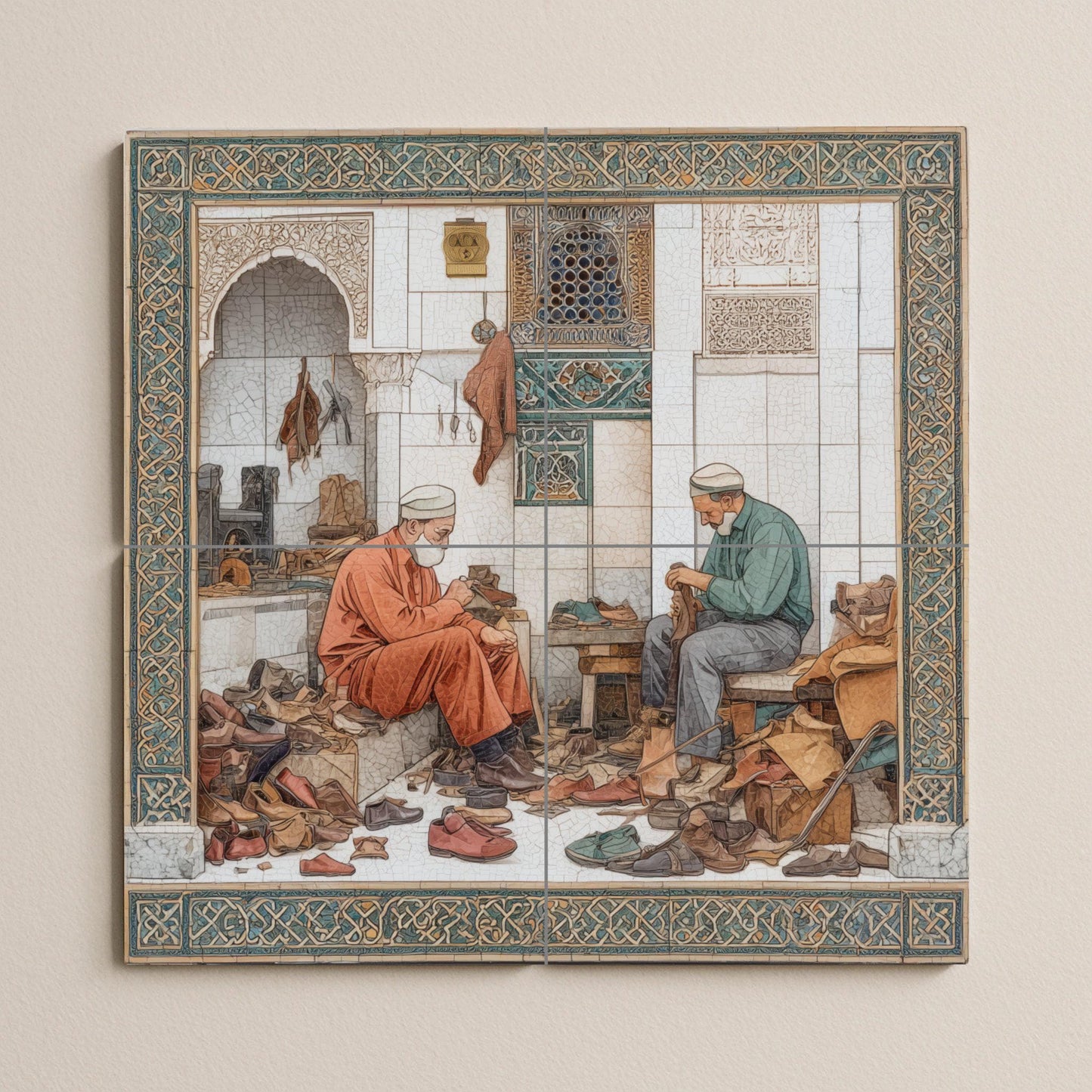 Moroccan shoemakers tile mural: handcrafted mosaic to decorate the kitchen or a craft workshop.