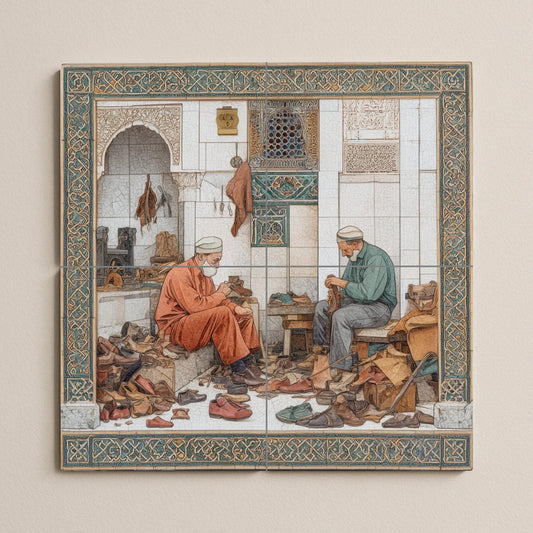 Moroccan shoemakers tile mural: handcrafted mosaic to decorate the kitchen or a craft workshop.