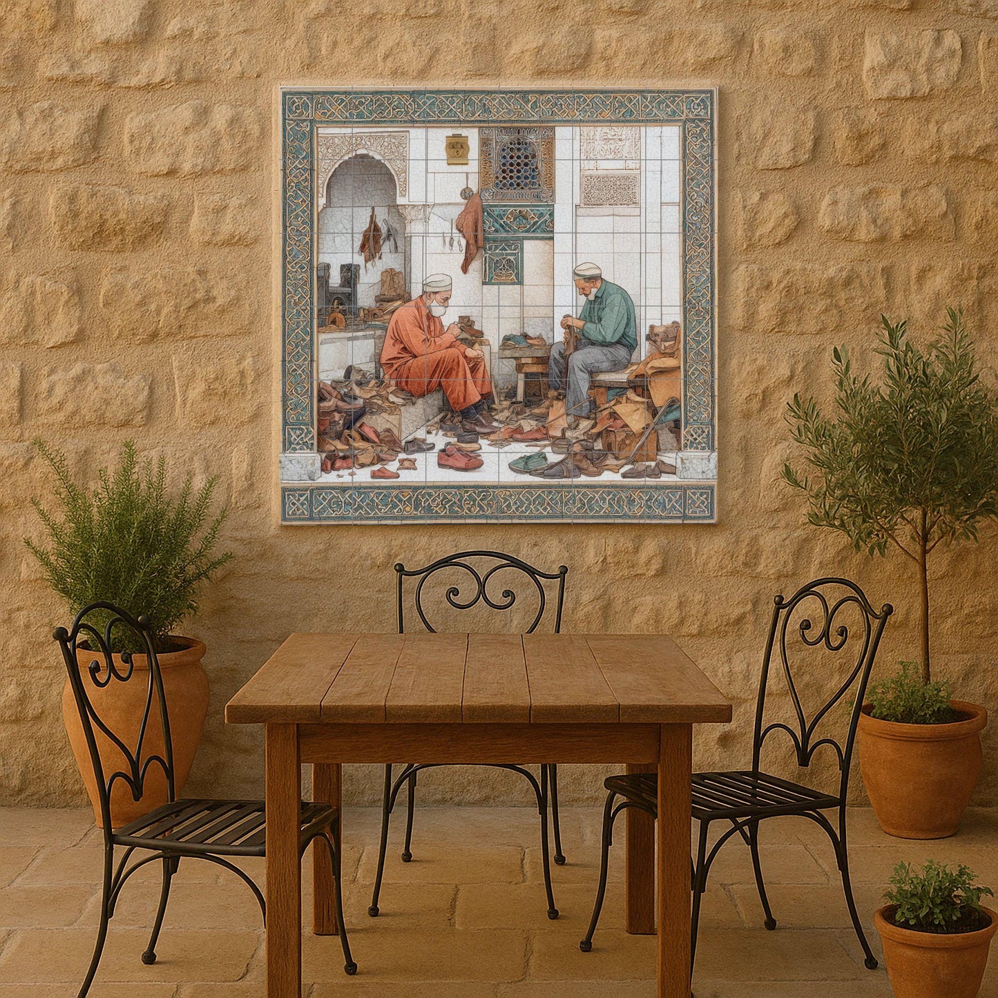 Moroccan shoemakers tile mural: handcrafted mosaic to decorate the kitchen or a craft workshop.