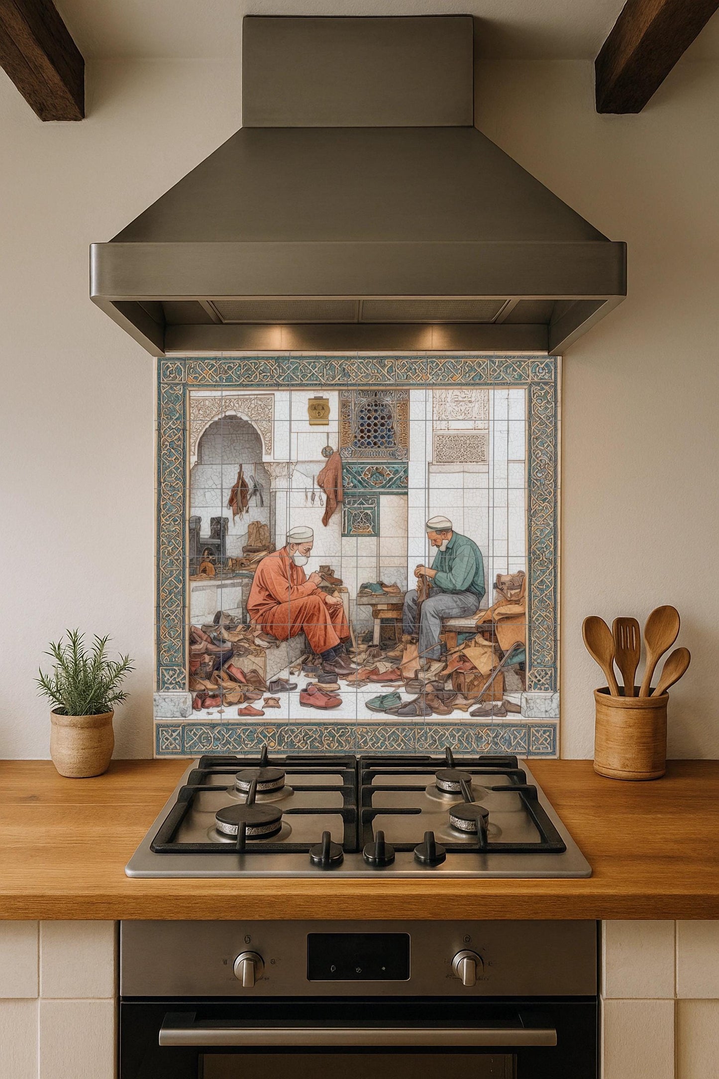 Moroccan shoemakers tile mural: handcrafted mosaic to decorate the kitchen or a craft workshop.