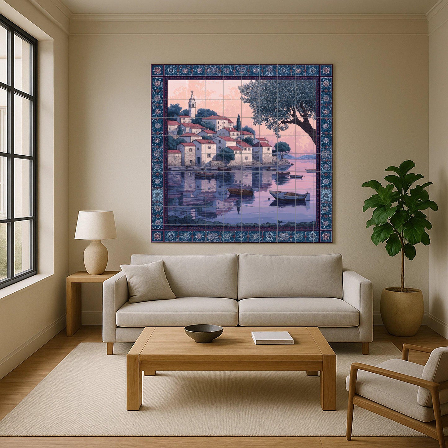 "Adriatic Sunset Village" Ceramic Tile Mural: Croatian Coastal Wall Art Mosaic for Kitchen Backsplash or Entrance Decorative Panel