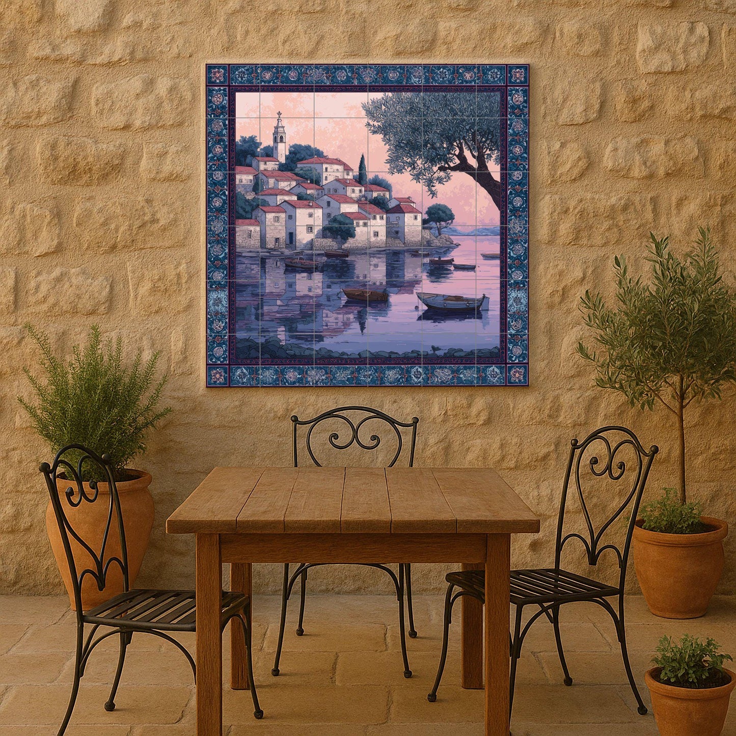 "Adriatic Sunset Village" Ceramic Tile Mural: Croatian Coastal Wall Art Mosaic for Kitchen Backsplash or Entrance Decorative Panel