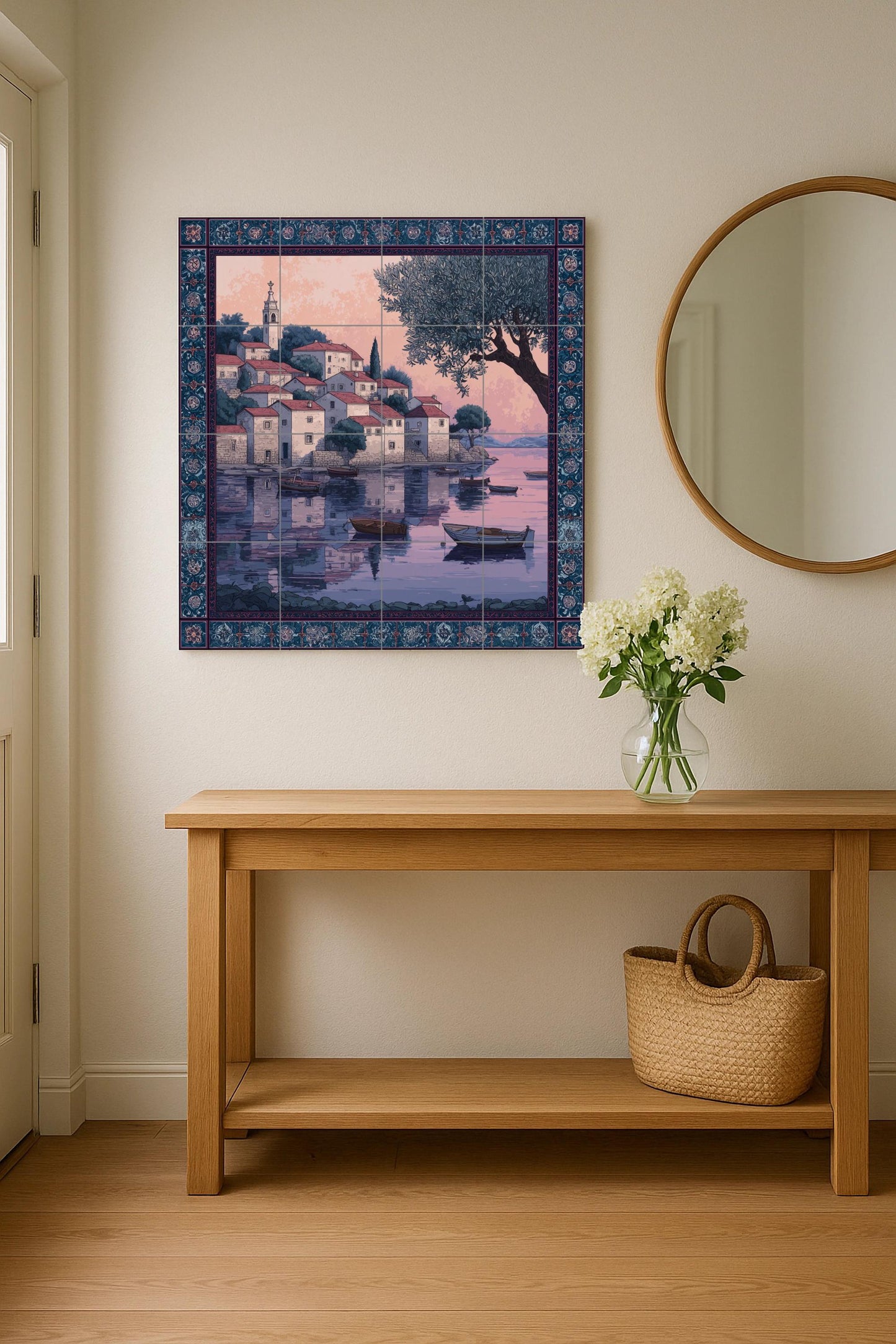"Adriatic Sunset Village" Ceramic Tile Mural: Croatian Coastal Wall Art Mosaic for Kitchen Backsplash or Entrance Decorative Panel